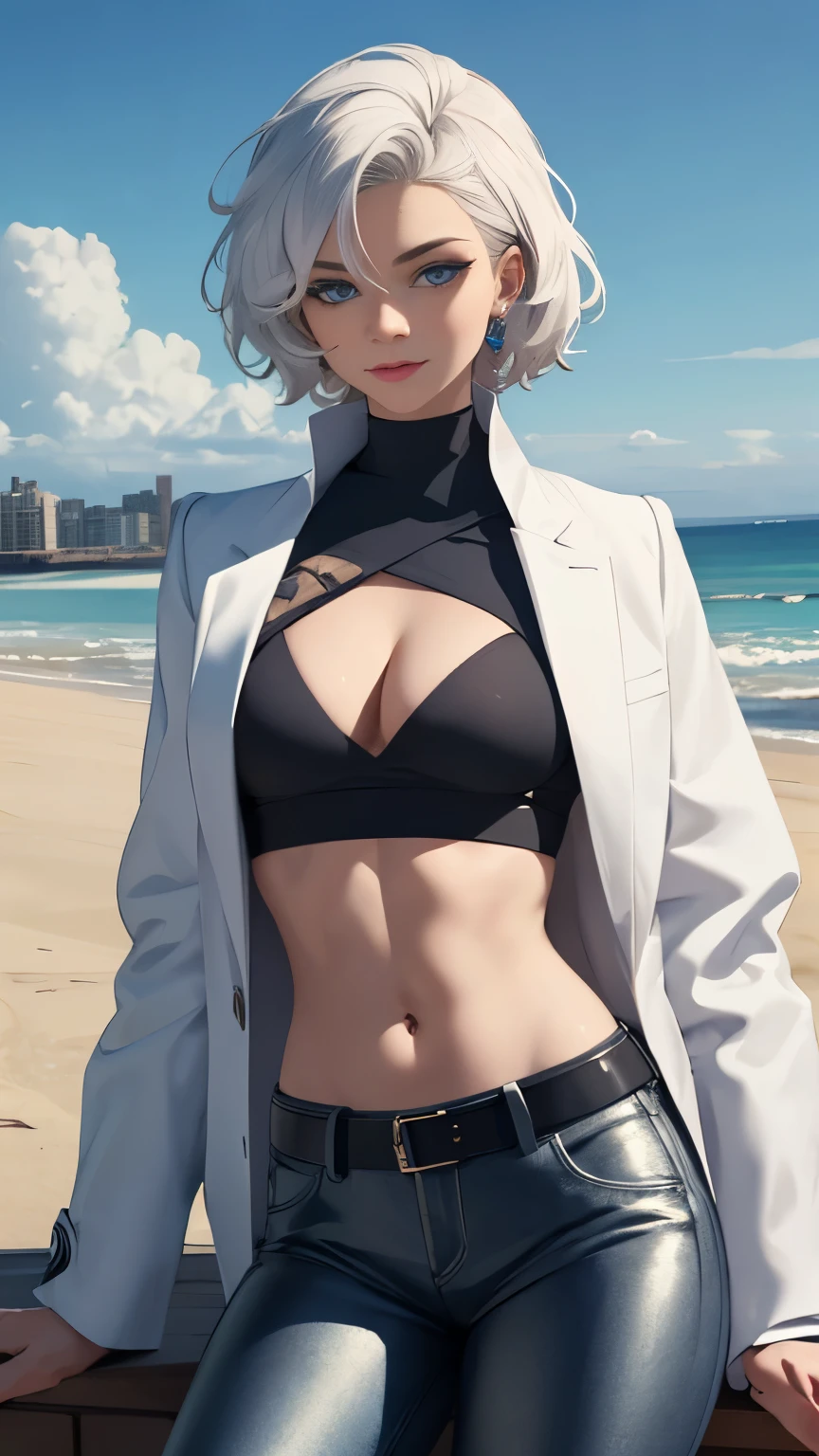 (Highly quality, masterpiece, detailed), city detailed scenario, city detailed background, 20 years old girl, solo, SilverSable_aiwaifu, 1girl, short hair, belt , sleeves rolled up, jewelry, Sliver Hair, blue eyes, coat, white coat, open coat, Cleavage, sliver pants, leather pants, Sliver top, leather top, crop top, sitting on a beach, Abdomen, Navel, beautiful eyes, perfect eyes, looking at the viewer, Sexy pose