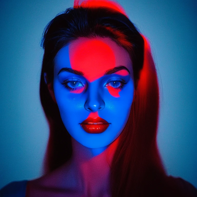 arafed image of a woman with a man's face in the background, an album cover by Giorgio Cavallon, tumblr, digital art, glowing face, blue and red lighting, glowing blue face, red and blue lighting, red and blue back light, blue and red lights, red and blue neon, blue and red tones, light falling on face, face illuminated