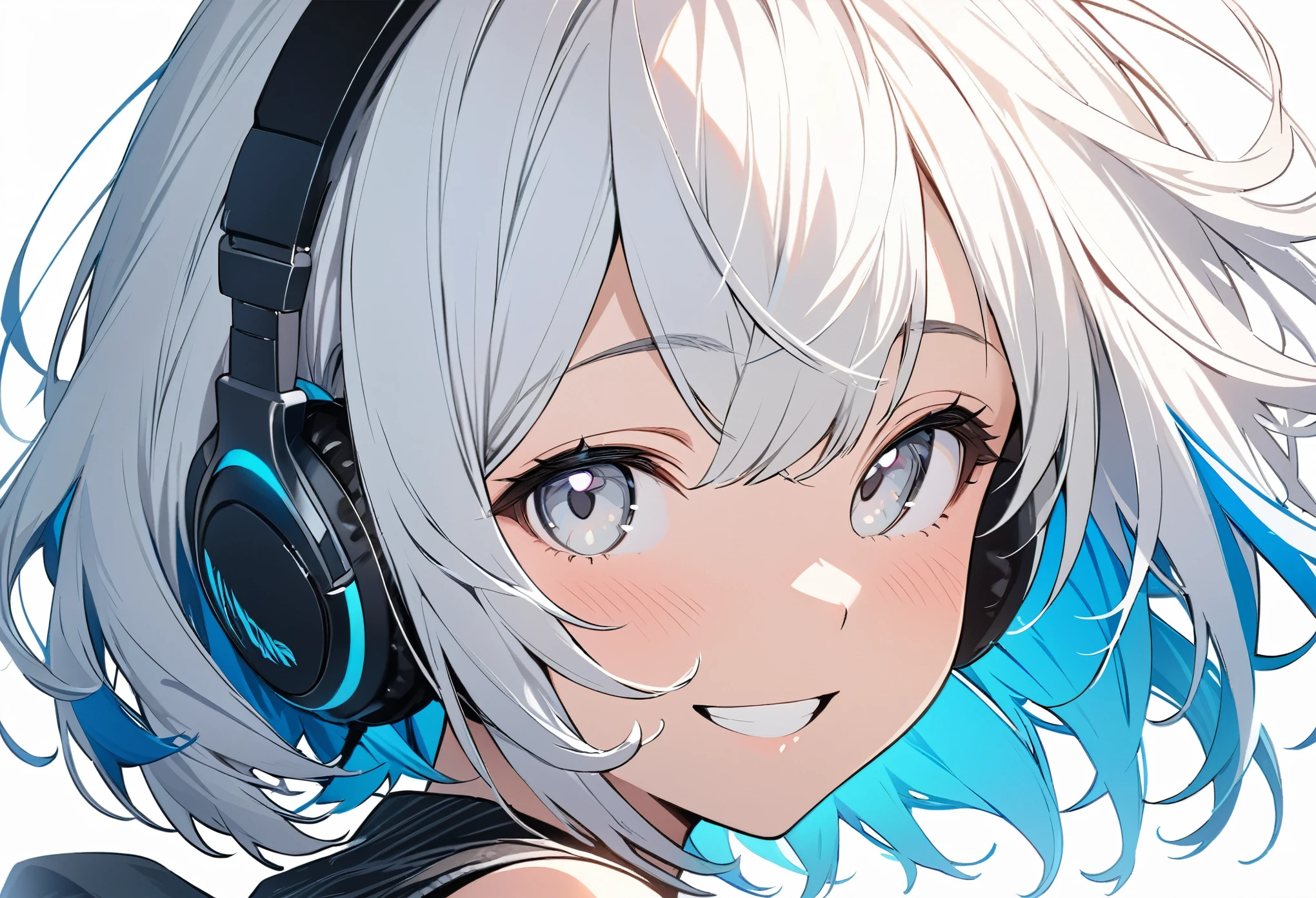 white hair, short hair, blue inner hair, muticolored hair, colored inner hair, sleeveless, white eye, 1girl, solo, masterpiece, best quality, ultra-detailed, illustration, portrait, best Light and Shadow quality, simple background, happy, small smile, (headphone)