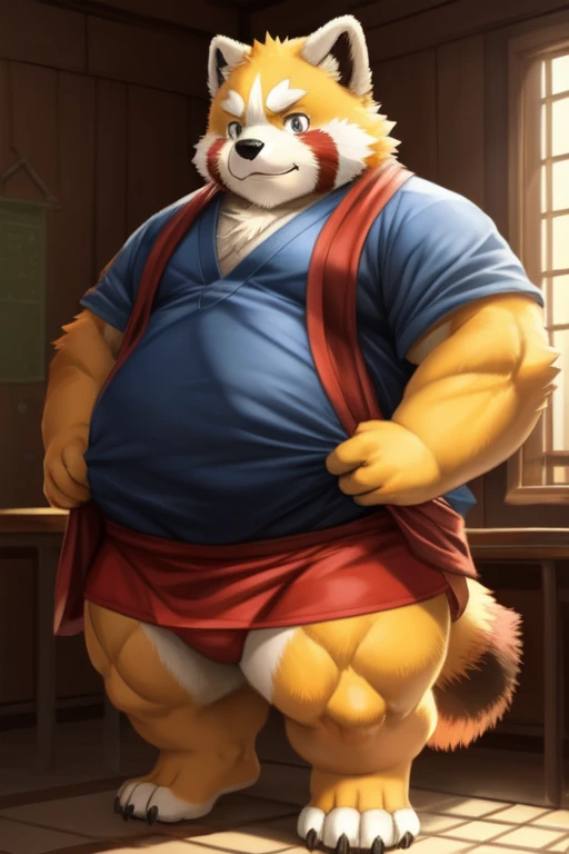 ((Masterpiece)),((Hight quality)),((Hught Detailed)),((Realistic,)) Anime Artistic masterpiece art, Concept anime art, Kemono art, Furry character, Kemono art, Full body pic, Shonen Anime style, full body image, Dungeons and Dragons style, Furry character, Kemono art, Anime obese Anthro Wereredpanda, a full body image, He is a huge obese high school student, He tries to get dressed but he is too big for his outfit, He is too fat for those small clothes and ends up tearing them causing him to be naked, Anime Style