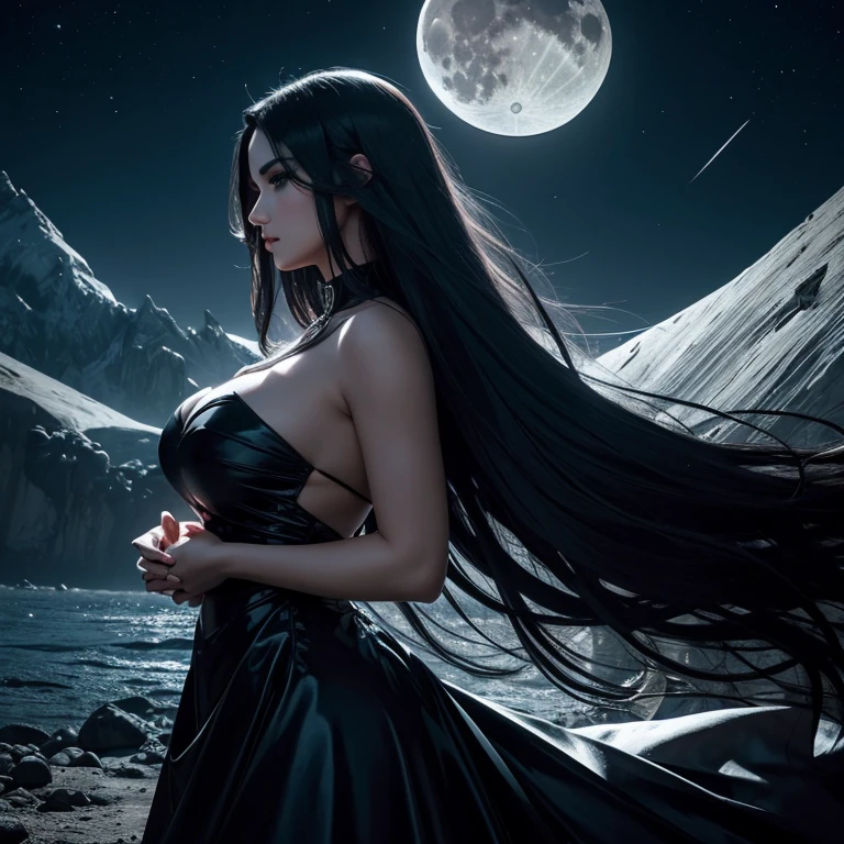 Goddess face, left side view, starring the moon, dark night scene, glamorous face, HD, surrealism, extreme color, long hair blows, seductive, cinematic portrait, transparent dress, hold up hands, beautiful body silhouette