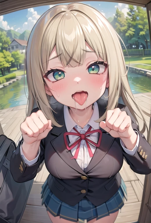 ((masterpiece,16k,8k,Delicate expression,highest quality)),high resolution,High resolution,Sweat,1girl,look at viewer,detailed beautiful eyes,blush,happy smile,sweat stains,steam,wet,fish eye lens,cowboy shot,spling,large breast, heavy breathing,saliva,seductive smile,(open mouth,oral,spread mouth:1.4),ahegao,drivel,from front,from above,(focus face:1.2),(pov:1.5),fisheye lens,upper body,open mouth,happy smile,blazer,skirt,school bag,blond hair,green eyes, river side, Cherry tree road,perfect fingers, drool stringing,stick tongue out,paw pose