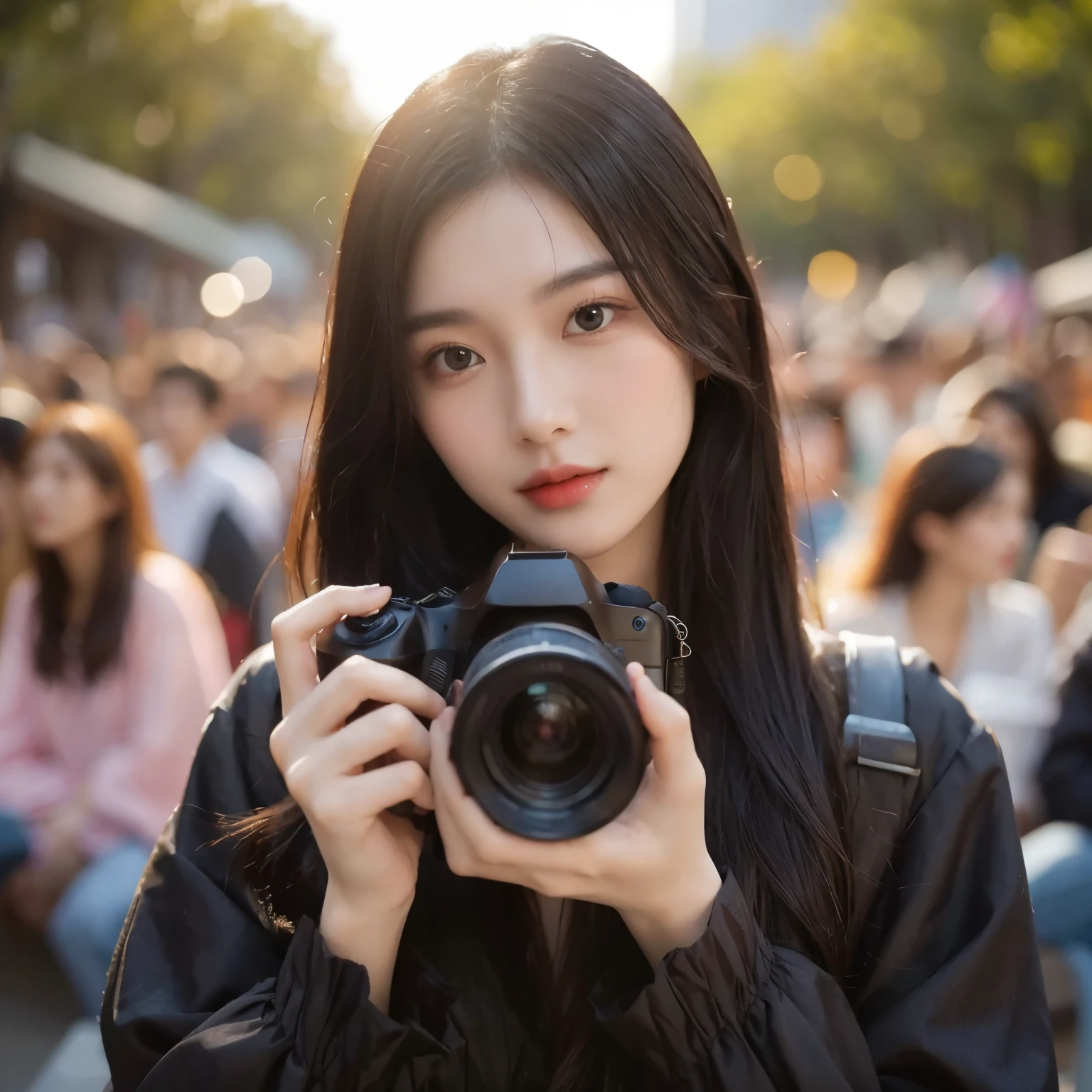(masterpiece)), ((best quality)), (Super detailed), illustration, beautiful, artistic, actual, 8k, a young woman, 20 years old, long straight black hair, Korean style clothes, holding a camera with both hands, the camera is black, Asian woman, background in a busy park, bright atmosphere, female photographer, realistic, ultra HD, ultra detailsDelicate skin, (oily skin), Glowing and radiant skin, Delicate skin, (Chinese style,rice,low cut,silk)