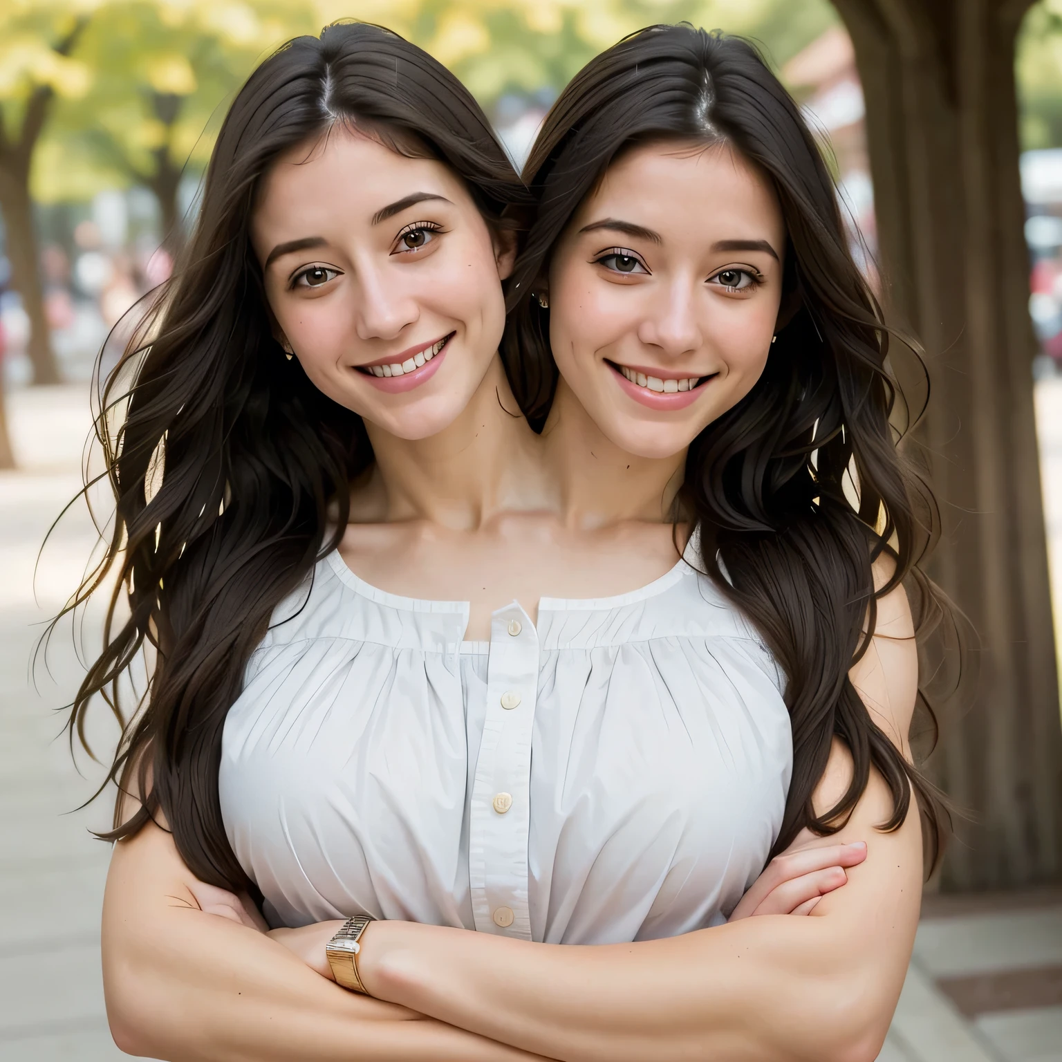 ((best quality)), ((masterpiece)), pretty smile with cure dimples, ((Photo-realistic)), 1girl, (detailed), ((Allison Hannigan)), upper body, conjoined_dicephalus, (two heads:1.3)