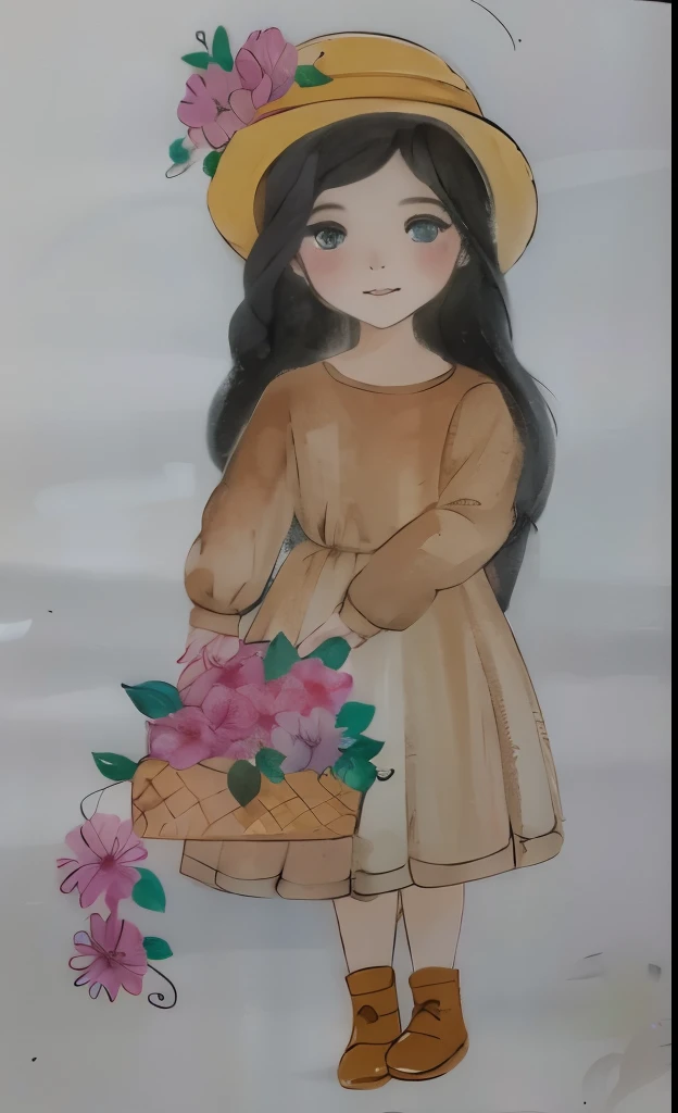 desenho de uma  com uma cesta de flores, com seus cabelos negros usando chapeu, watercolored, pastel artwork, colored sketch, colorized pencil sketch