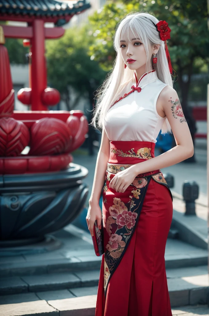 Vibrant colors, woman, masterpiece, Clear focus, best quality, Depth of Field, movie lighting, white hair, Red Eyes, Weaving, skirt, long hair, Red Eyes, Tattoo, earrings, Jewelry, black skirt, Hair accessories, Bangs, Chinese clothes, breast, china skirt, Sleeveless, 