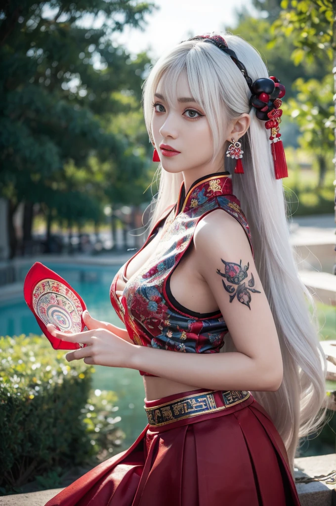 Vibrant colors, woman, masterpiece, Clear focus, best quality, Depth of Field, movie lighting, white hair, Red Eyes, Weaving, skirt, long hair, Red Eyes, Tattoo, earrings, Jewelry, black skirt, Hair accessories, Bangs, Chinese clothes, breast, china skirt, Sleeveless,