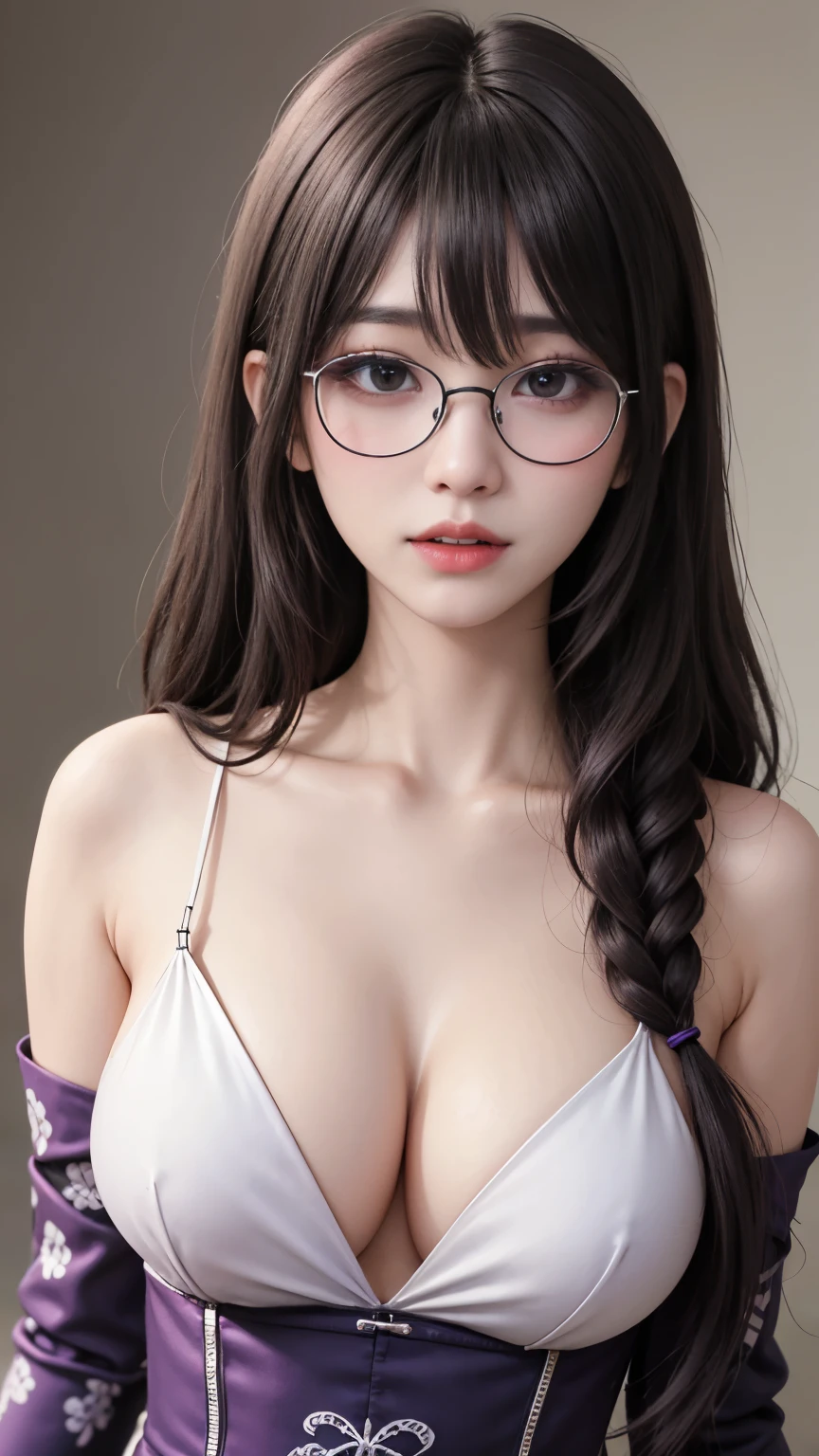 background(黒いnight空,Big Moon),Close-up of a woman,Wearing a white shirt、((Black-rimmed glasses))、Purple Hair,Very long hair,very thick braids,Purple eyes,big , realistic girl rendering, 8k artistic german bokeh, Enchanting girl, Real Girl, Gurwitz, Gurwitz-style artwork, Girl Roleplay, Realistic 3D style, cgstation Popular Topics,, 8K Portrait Rendering,(truth,truth:1.4),巨big ,Sparkling eyes,Purple eyes、Captivating beauty、Attractive adult woman、Beautiful woman、Cool girl、evil female、brainwashingされた、brainwashing、Fallen into evil、Grin、邪evilな表現、邪evilな笑顔、evil、Brown Hair、Wavy Hair、Swept-apart bangs、Heavy makeup、Heavy makeup、Sharp Eye、Hollow Eyes,Half-closed eyes、Hollow Eyes、Purple Eyeshadow、Black lipstick、Black lip gloss、Long black cheongsam、Wide sleeves、night、Spooky Fortressscape Brush、Compensate、Are standing、