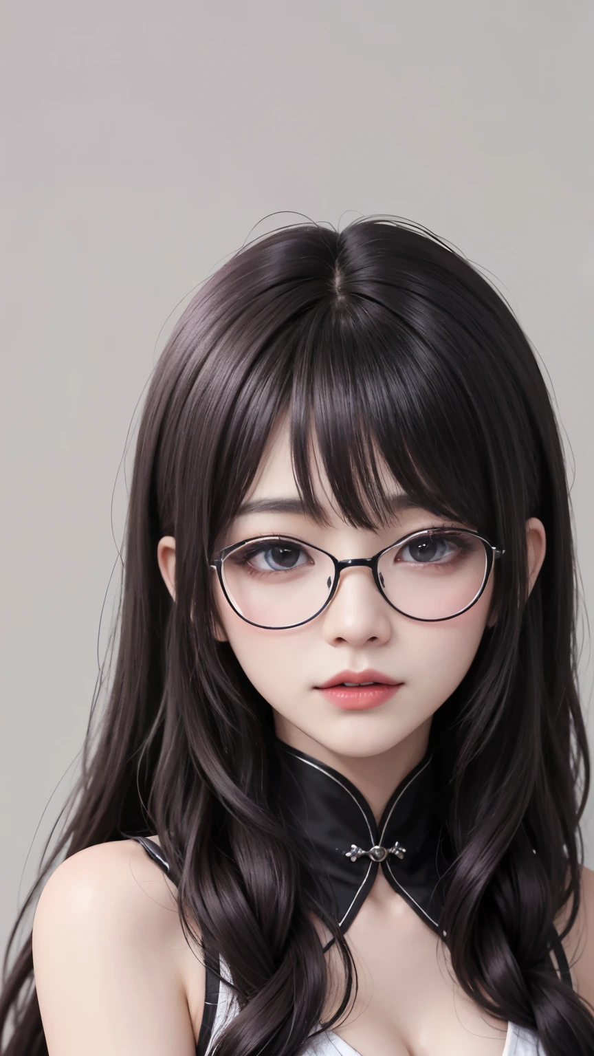 background（黒いnight空，Big Moon），Close-up of a woman，Wearing a white shirt、((Black-rimmed glasses))、Purple Hair，Very long hair，very thick braids，Purple eyes，big ， realistic girl rendering, 8k artistic german bokeh, Enchanting girl, Real Girl, Gurwitz, Gurwitz-style artwork, Girl Roleplay, Realistic 3D style, cgstation Popular Topics,, 8K Portrait Rendering,（truth，truth：1.4），巨big ，Sparkling eyes，Purple eyes、Captivating beauty、Attractive adult woman、Beautiful woman、Cool girl、evil female、brainwashingされた、brainwashing、Fallen into evil、Grin、邪evilな表現、邪evilな笑顔、evil、Brown Hair、Wavy Hair、Swept-apart bangs、Heavy makeup、Heavy makeup、Sharp Eye、Hollow Eyes,Half-closed eyes、Hollow Eyes、Purple Eyeshadow、Black lipstick、Black lip gloss、Long black cheongsam、Wide sleeves、night、Spooky Fortressscape Brush、Compensate、Are standing、