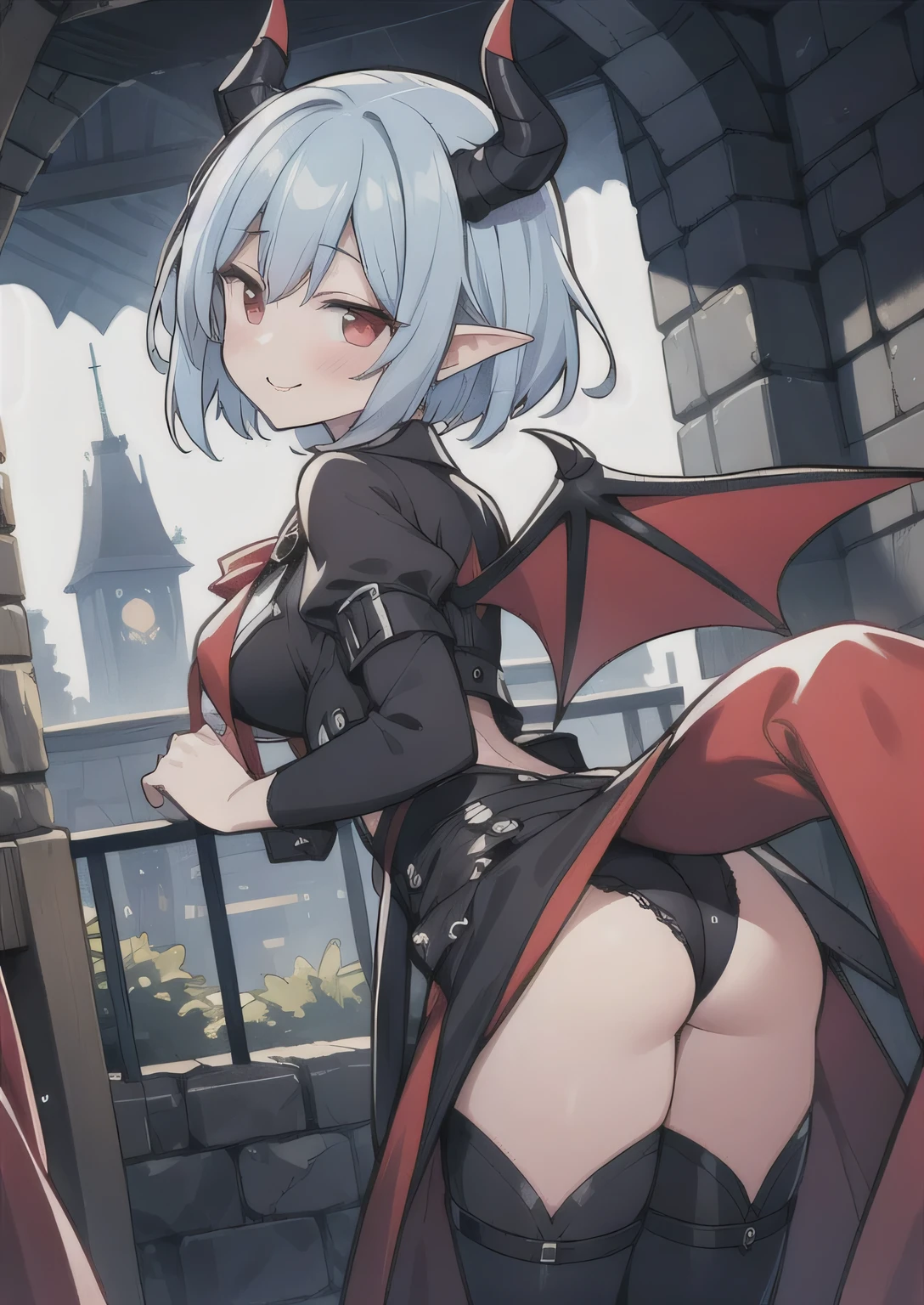 8K,  femboy and girl, petit, , kawaii vampire, crimson hair, short hair, red eyes, bat wings, smile, (blush), (shy), pointed ears, looking at viewer,  dynamic angle, wind, game cg, fantastic scenery, demon tail, thin tail, black horns, medium breast, latex, kissing, sexy, dating, dungeons, summon, magic, bulge, show ass, blue hair