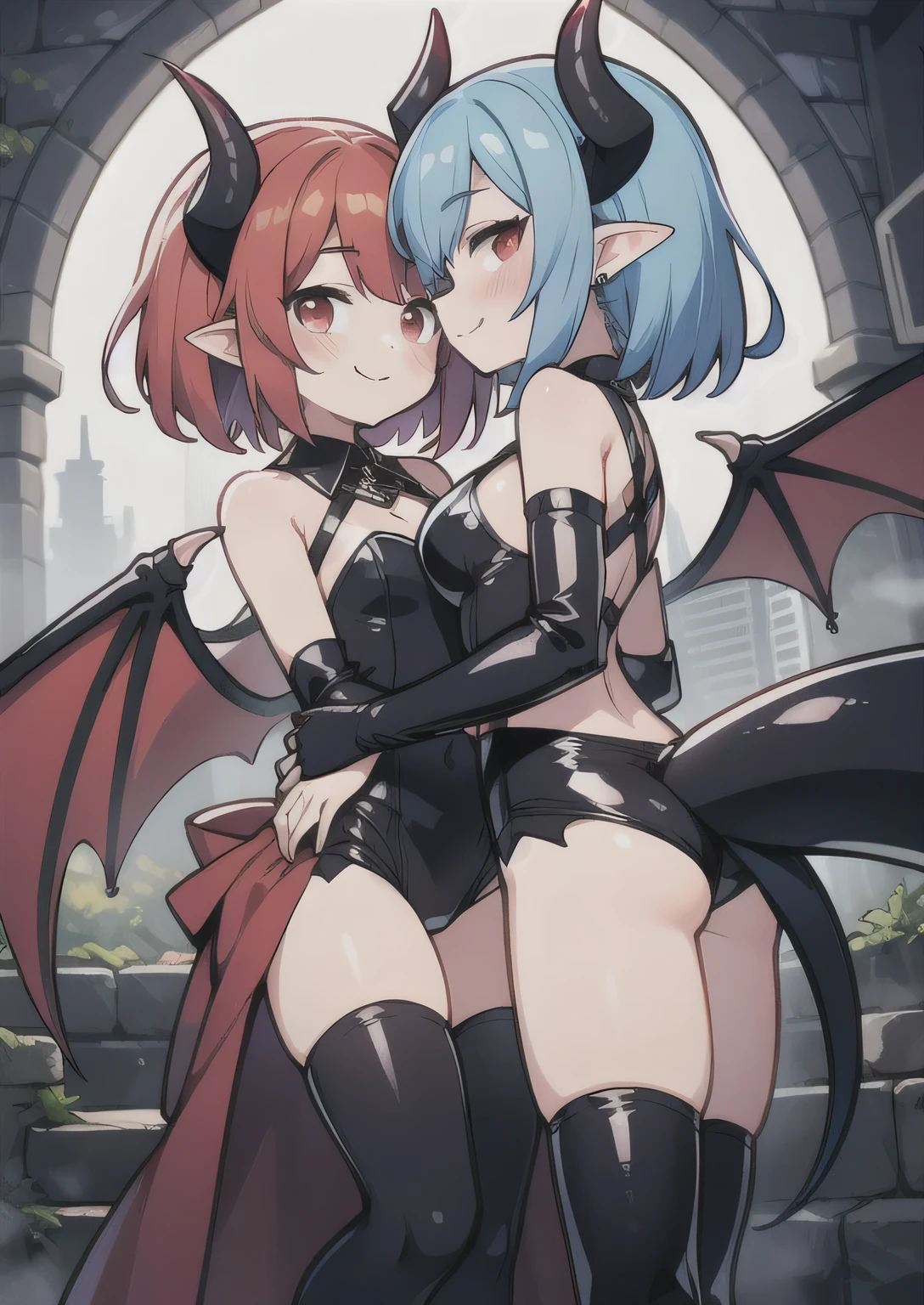 8K, femboy and girl, petit, , kawaii vampire, crimson hair, short hair, red eyes, bat wings, smile, (blush), (shy), pointed ears, looking at viewer, dynamic angle, wind, game cg, fantastic scenery, demon tail, thin tail, black horns, medium breast, latex, kissing, sexy, dating, dungeons, summon, magic, bulge, show ass, blue hair