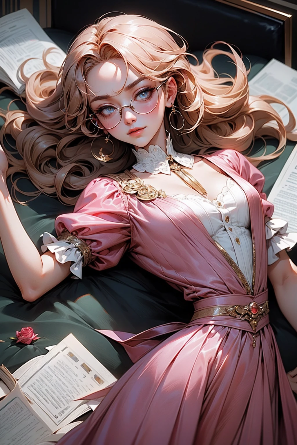 {-erro_de_anatomia:1.0}(best quality,4k,8k,highres,masterpiece:1.2) Anime girl tuxedo with curly rose gold hair and round gold glasses, rose gold eyes. Guviz style art, attractive detailed art style, Charlie Bowater Style, 1 7 - year - old cute anime girl, detailed manga style, detailed anime character art, germ of art. High detail, stunning manga art style. Rose dress. (pink dress) . Wearing rose gold Victorian clothing. Dancing, walking, drinking, reading, writing, lying, standing, on your back, dynamic poses, smile, closed mouth. Different Pose, upper body