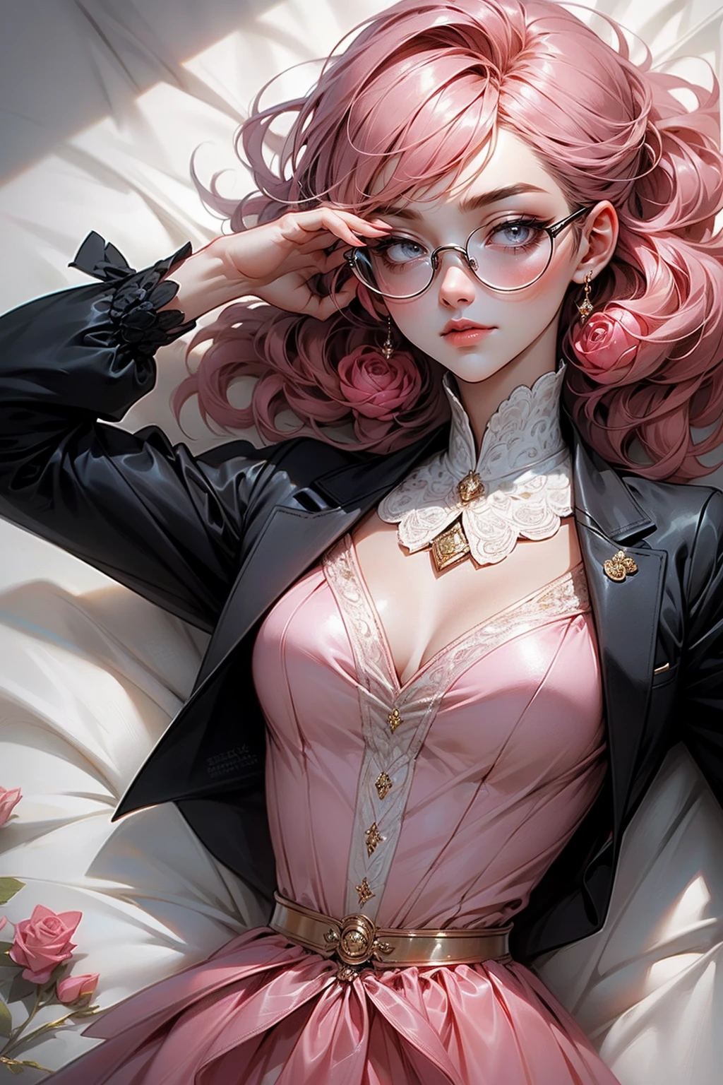 {-erro_de_anatomia:1.0}(best quality,4k,8k,highres,masterpiece:1.2) Anime girl tuxedo with curly rose gold hair and round gold glasses, rose gold eyes. Guviz style art, attractive detailed art style, Charlie Bowater Style, 1 7 - year - old cute anime girl, detailed manga style, detailed anime character art, germ of art. High detail, stunning manga art style. Rose dress. (pink dress) . Wearing rose gold Victorian clothing. Dancing, walking, drinking, reading, writing, lying, standing, on your back, dynamic poses, smile, closed mouth. Different Pose, upper body