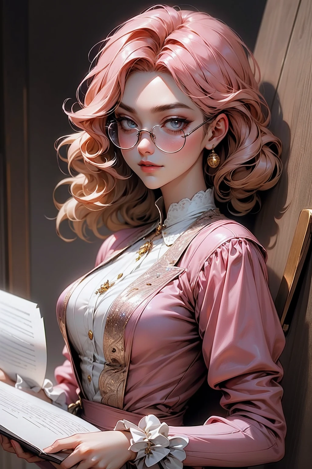 {-erro_de_anatomia:1.0}(best quality,4k,8k,highres,masterpiece:1.2) Anime girl tuxedo with curly rose gold hair and round gold glasses, rose gold eyes. Guviz style art, attractive detailed art style, Charlie Bowater Style, 1 7 - year - old cute anime girl, detailed manga style, detailed anime character art, germ of art. High detail, stunning manga art style. Rose dress. (pink dress) . Wearing rose gold Victorian clothing. Dancing, walking, drinking, reading, writing, lying, standing, on your back, dynamic poses, smile, closed mouth. Different Pose, upper body