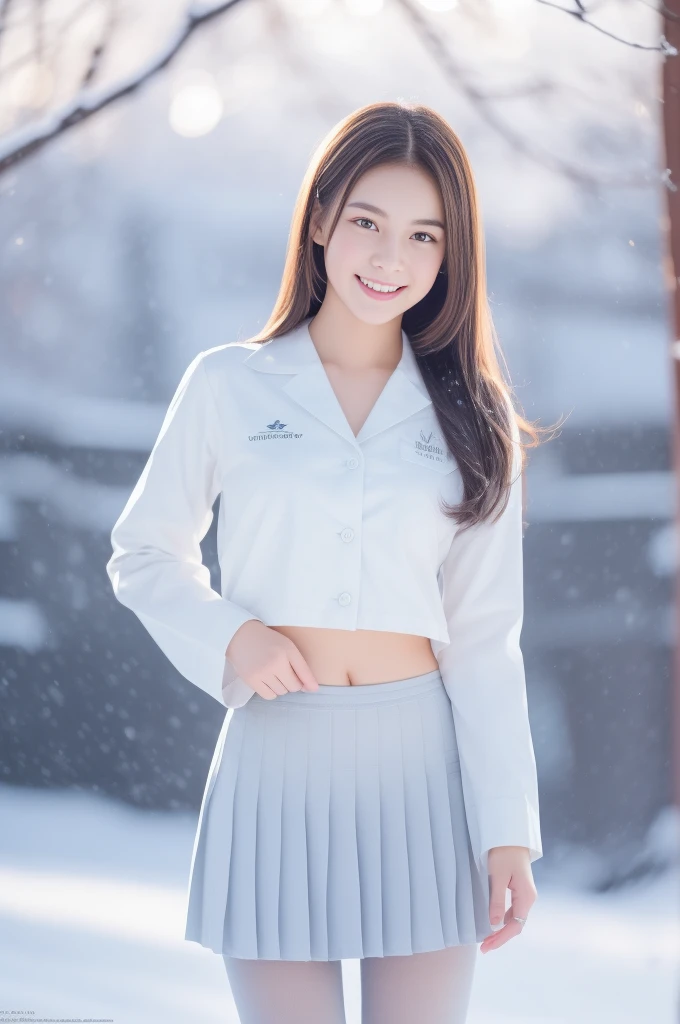 (RAW photos:1.2), (Practical:1.10),((A girl)), Beautiful and delicate girl, Very detailed目と顔, Exquisite and detailed, Beautiful Body, 信じられないほどBeautiful Body, healthy body, (Very detailedな, high resolution, Very detailed, best quality), ((JK)), Raise awareness,CG, Unite,Eyes sparkling, A bright smile, detailed, (masterpiece, H、Very detailed CG uniform 8k wallpaper), Glow on the face, Natural light、Supermodel、18 years old、halo radiance、School、((Dynamic poses:1.3))、winter、snow、(more than half:1.3)、(Pantyhose)、perfect aesthetic:1.10,