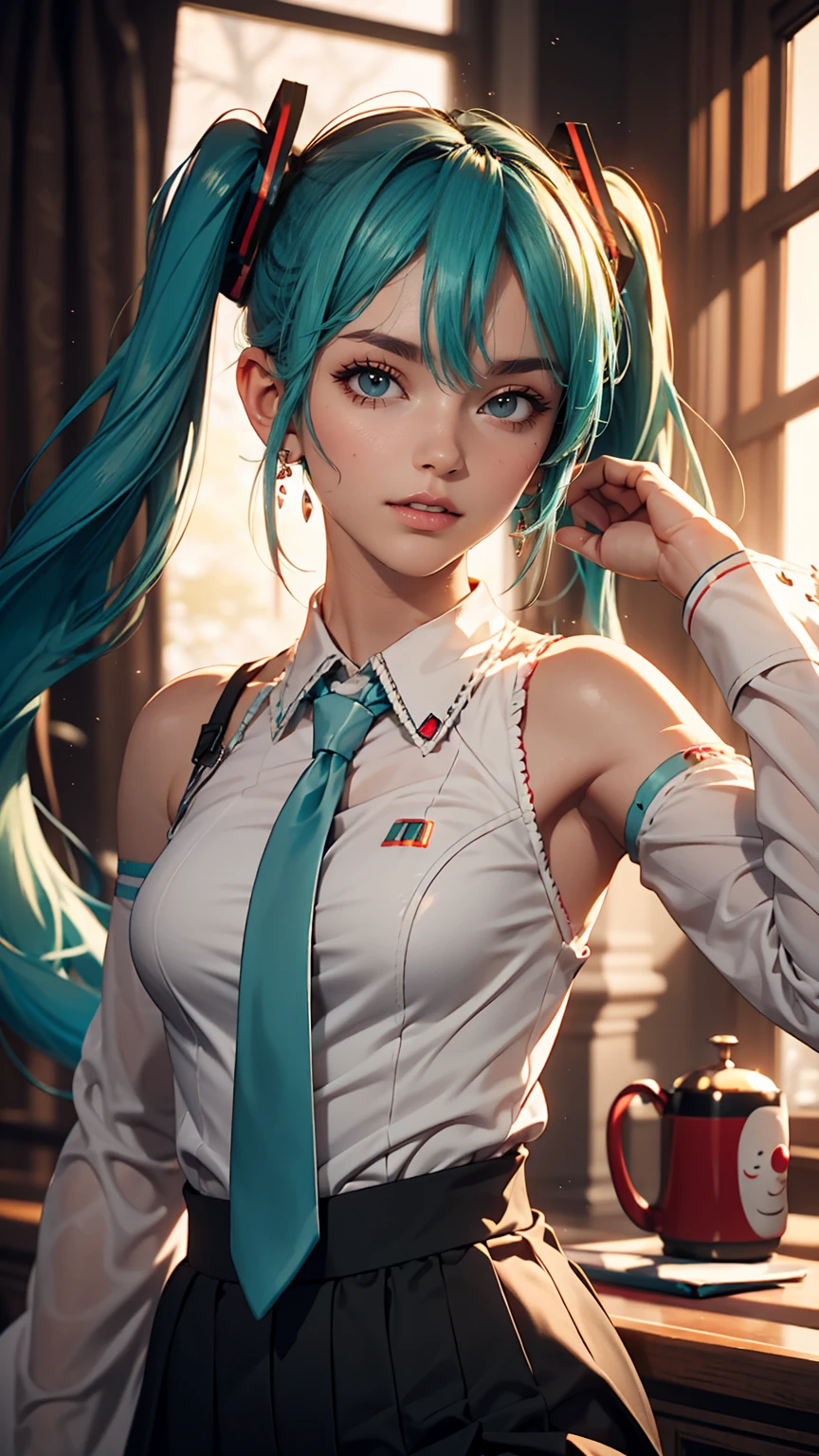 masterpiece, Hatsune Miku, White shirt, Blue tie, Exposing shoulders, The sleeves are separated, Evil Smiley Face, Dark Skin, Red eyes, Iris, Pupil orange,White woman、Sexy figure