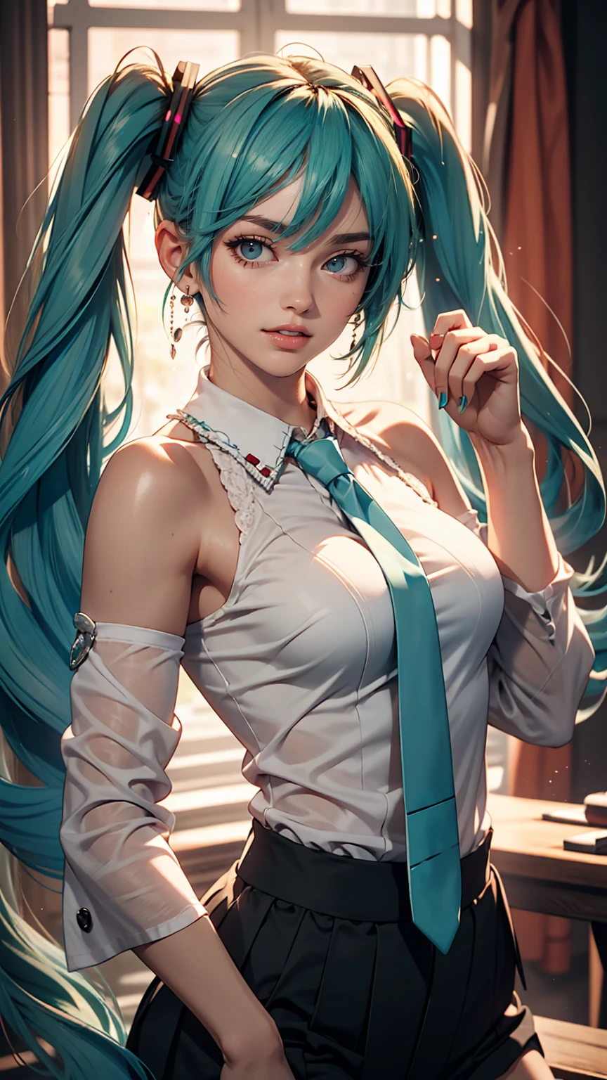 masterpiece, Hatsune Miku, White shirt, Blue tie, Exposing shoulders, The sleeves are separated, Evil Smiley Face, Dark Skin, Red eyes, Iris, Pupil orange,White woman、Sexy figure