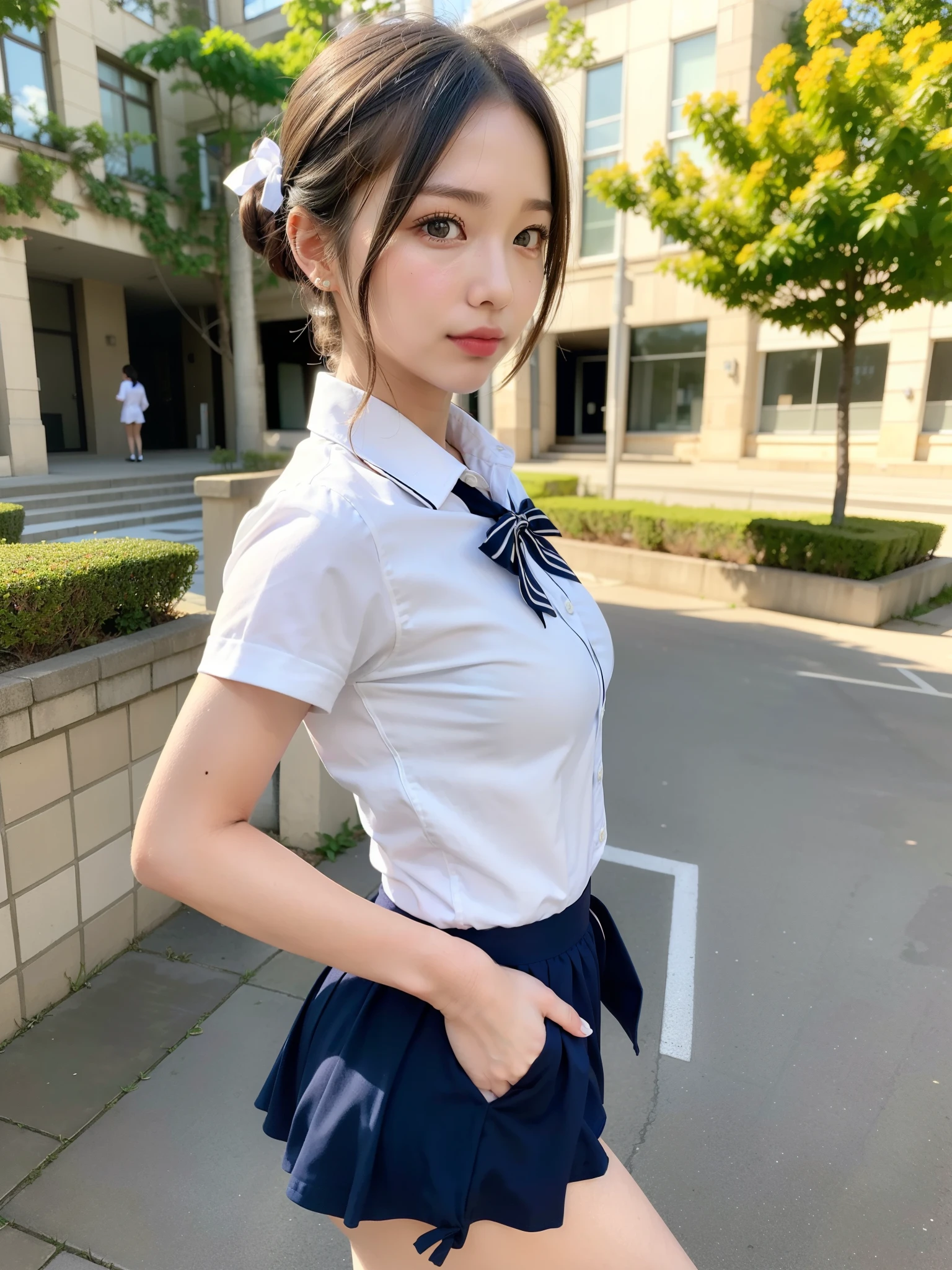 ((Best of the highest quality, 8k, Masterpiece: 1.3, raw photo)), Sharp focus: 1.2, (1 AESPA, slim body type female, 21 y/o: 1.1), (Solo: 1.2), (realistic, photo-realistic:1.37), face focus, cute face, finely eyes, side lighting, using reflectors, (small breasts, flat chest, Thigh: 1.3), (short messy hair, updo: 1.28), (wearing shirt school uniform:1.32), (neat panties:1.32), (ribbon:1.2), walking terrace dining, sun light, flower, (from behind:1.1)