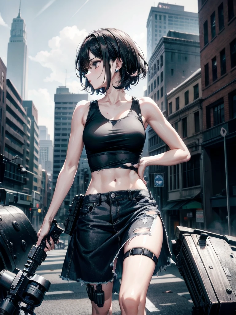 (torn clothes), tank top shirt, skirt, Anti-tank rifles, rocket launcher, Assault rifle, Beam rifle, hand gun, absurdres, RAW photo, extremely delicate and beautiful, masterpiece, Best Quality, ultra high resolution, 32k, hyperrealistic, ultra-detailed, detailed description, pale skin, 20 years old, tearful mole, earring, short medium hair, wavy hair, whole body shot, ruined building,