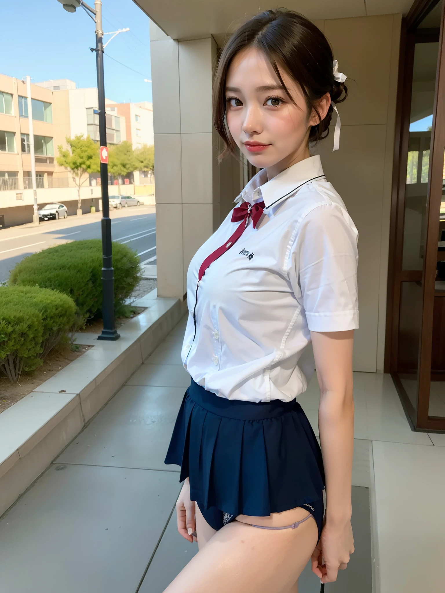 Mai Shiraishi, 1 girl, high school style, in front of the school gate, bust 88, waist 58, hips 85, brown hair, bob, (8k, RAW photo, top quality, masterpiece: 1.2), (realistic, photoreal: 1.37),