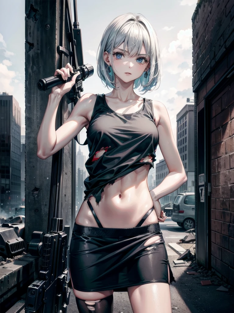 (torn clothes), tank top shirt, skirt, Anti-tank rifles, rocket launcher, Assault rifle, Beam rifle, hand gun, ruined building, absurdres, RAW photo, extremely delicate and beautiful, masterpiece, Best Quality, ultra high resolution, 32k, hyperrealistic, ultra-detailed, detailed description, pale skin, 20 years old, tearful mole, earring, short medium hair, wavy hair, whole body shot, 