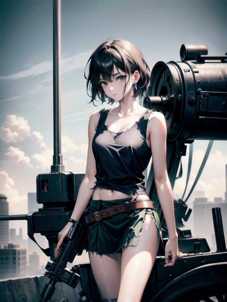 (torn clothes), tank top shirt, skirt, Anti-tank rifles, rocket launcher, Assault rifle, Beam rifle, hand gun, ruined building, absurdres, RAW photo, extremely delicate and beautiful, masterpiece, Best Quality, ultra high resolution, 32k, hyperrealistic, ultra-detailed, detailed description, pale skin, 20 years old, tearful mole, earring, short medium hair, wavy hair, whole body shot,