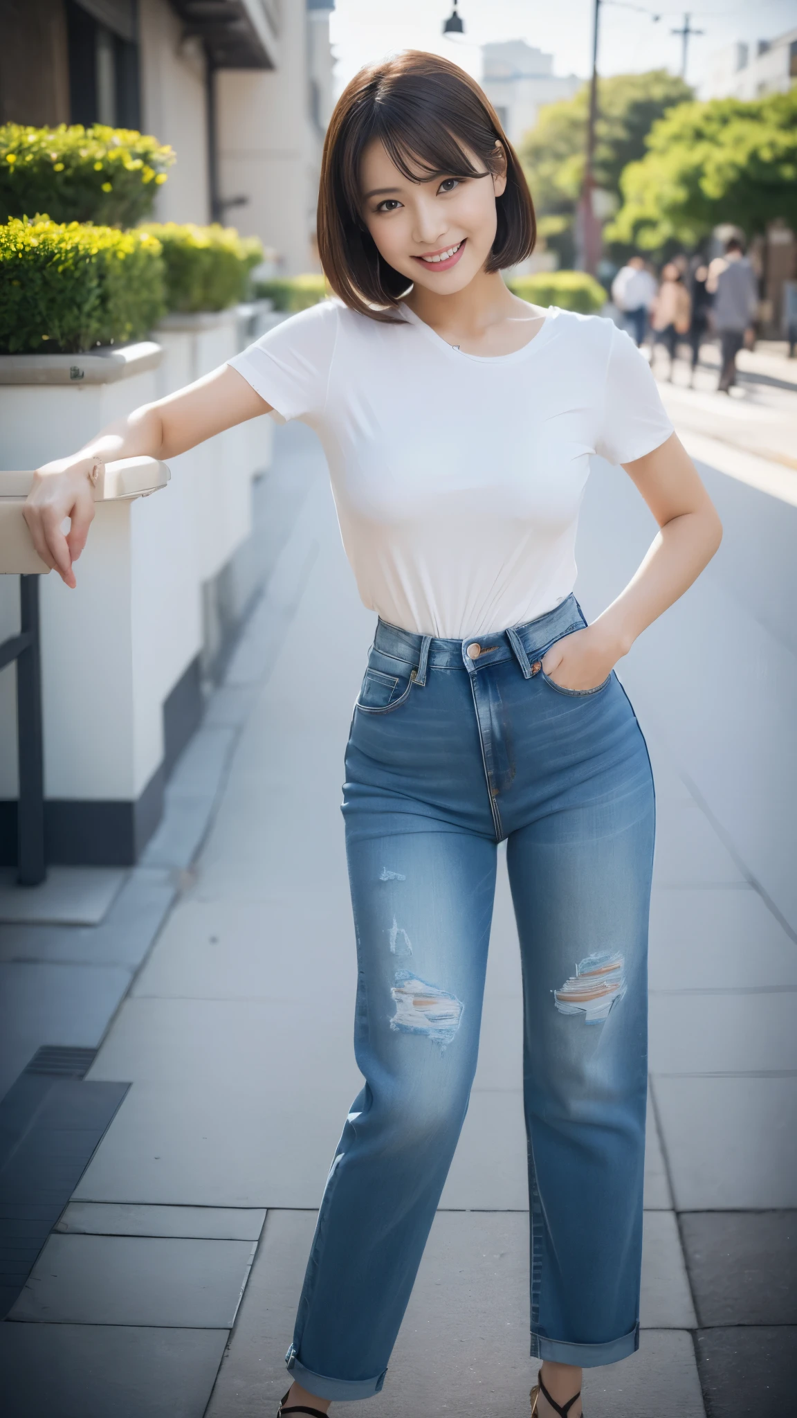 （超A high resolution，RAW Photos，8k,KHD，highest quality，masterpiece:1.5），（Intricate details，Realistically），One very beautiful woman, 30 years old, High resolution, Highly detailed face, (Professional Lighting，Bokeh），（Particles of light，Lens flare brilliance，Luminous Particles：0.6），Gentle soft lighting，Trendy atmosphere，Japanese，Street，Stylish side-wavy short hair，Bobohead， Brown haired, hair is delicate and soft，Spread your wings, Lips parted, mouth紅, Captivating smile, smile, mouth, teeth, There are small dimples，White Swan Neck，Shave your shoulders, Big Chest，（small，Golden ratio numbers），Please wear（Bluish gray）（Perfect fit，Slim fit，体にPerfect fit）Wearing a fashionable white shirt, (Wash Blue）（Fashion Jeans),（Attention to detail in the costumes:1.5）， double eyelid，Long eyelashes, Birthmark, (Mole under the eye: 1), Big breasts and small waist，Beautiful ass，Calves are balanced, Thinness:1.2，Small white and soft jade legs，Beautiful toes:1.5，Wear branded fashion sandals:1.0，（Boldness，Coquettish，Playful and beautiful poses，Raised to be sexy，Attractions），Female-centered focus photography，Focus on the hips and crotch，Wide lighting，Natural Shadows，Wide Wide Shot，Close Focus，Full body shot:1.8,Full body photo:1.8