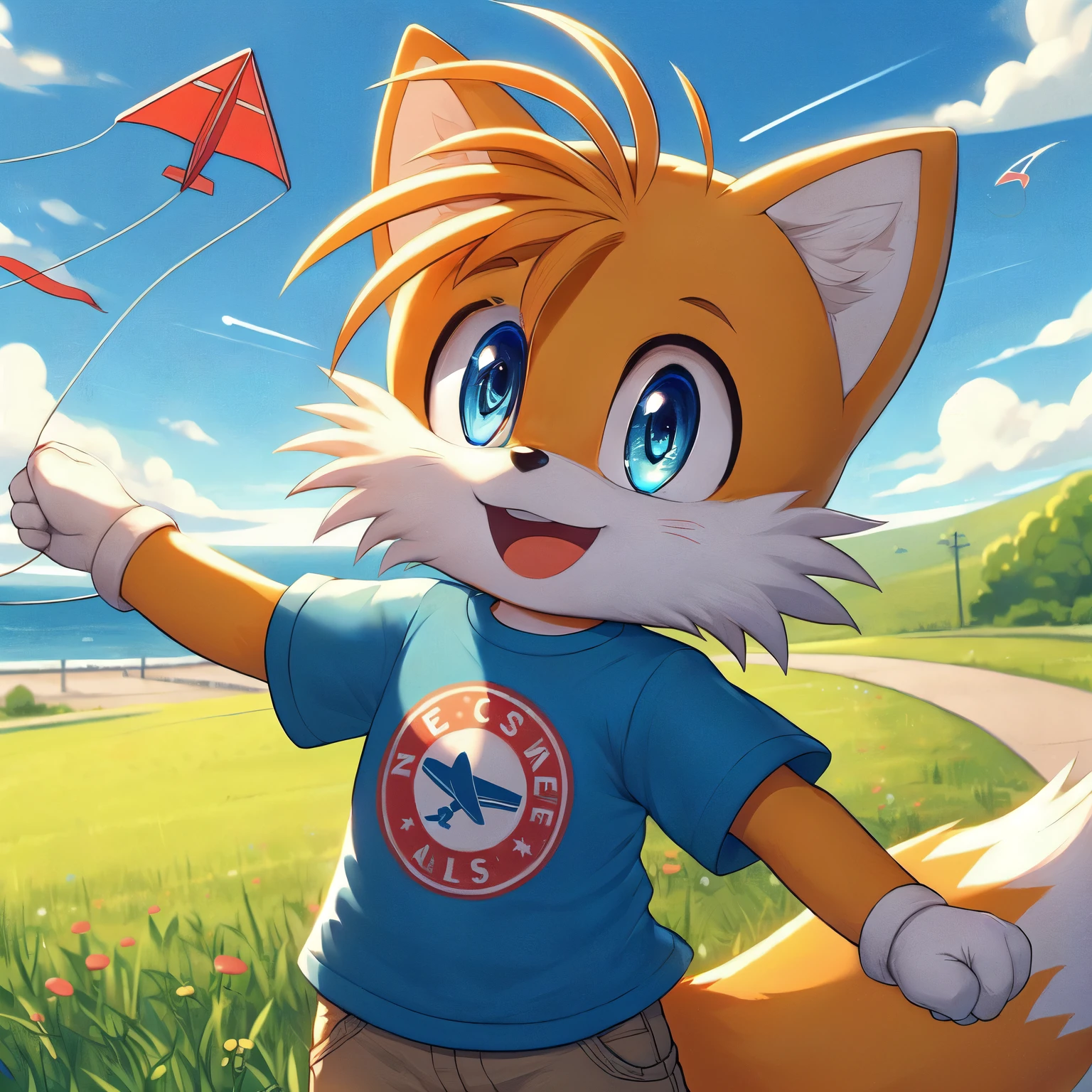 tails the fox happy, blue eyes