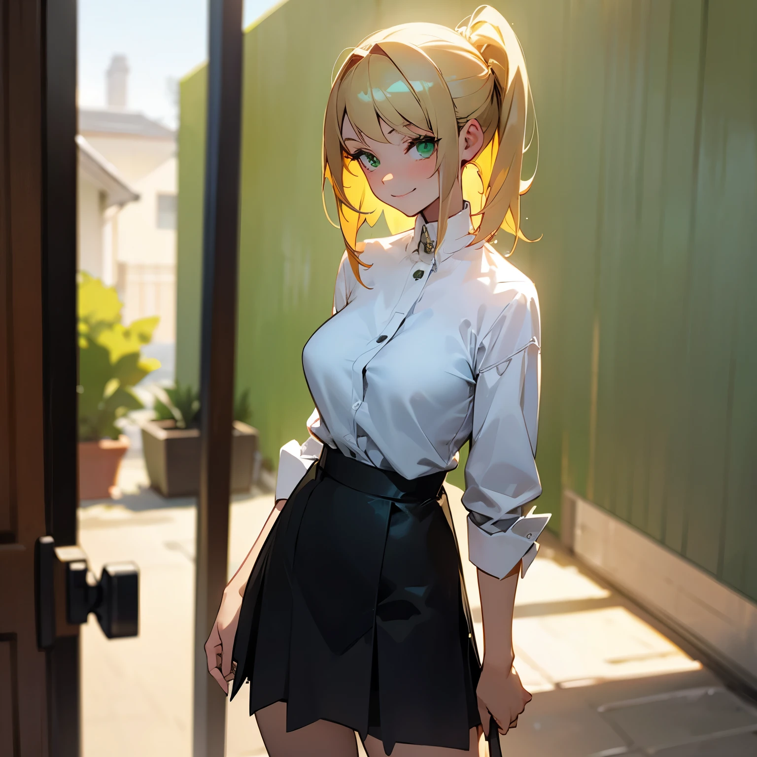 A young girl, slim, with big tits, blonde hair, green eyes, wears a low-cut white shirt and a black skirt, smiles flirtatiously, stands at the entrance of a house overlooking the street