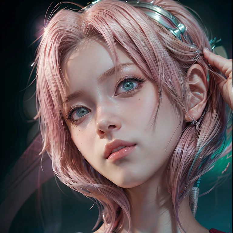 young woman, short shoulder-length pink hair, wide forehead, porcelain skin, pink eyebrows, big emerald green eyes, buttoned nose, full lips, heart-shaped face, slender body, small breasts, red tank top, Sakura Haruno , realistic, realism, details, 3d, well detailed