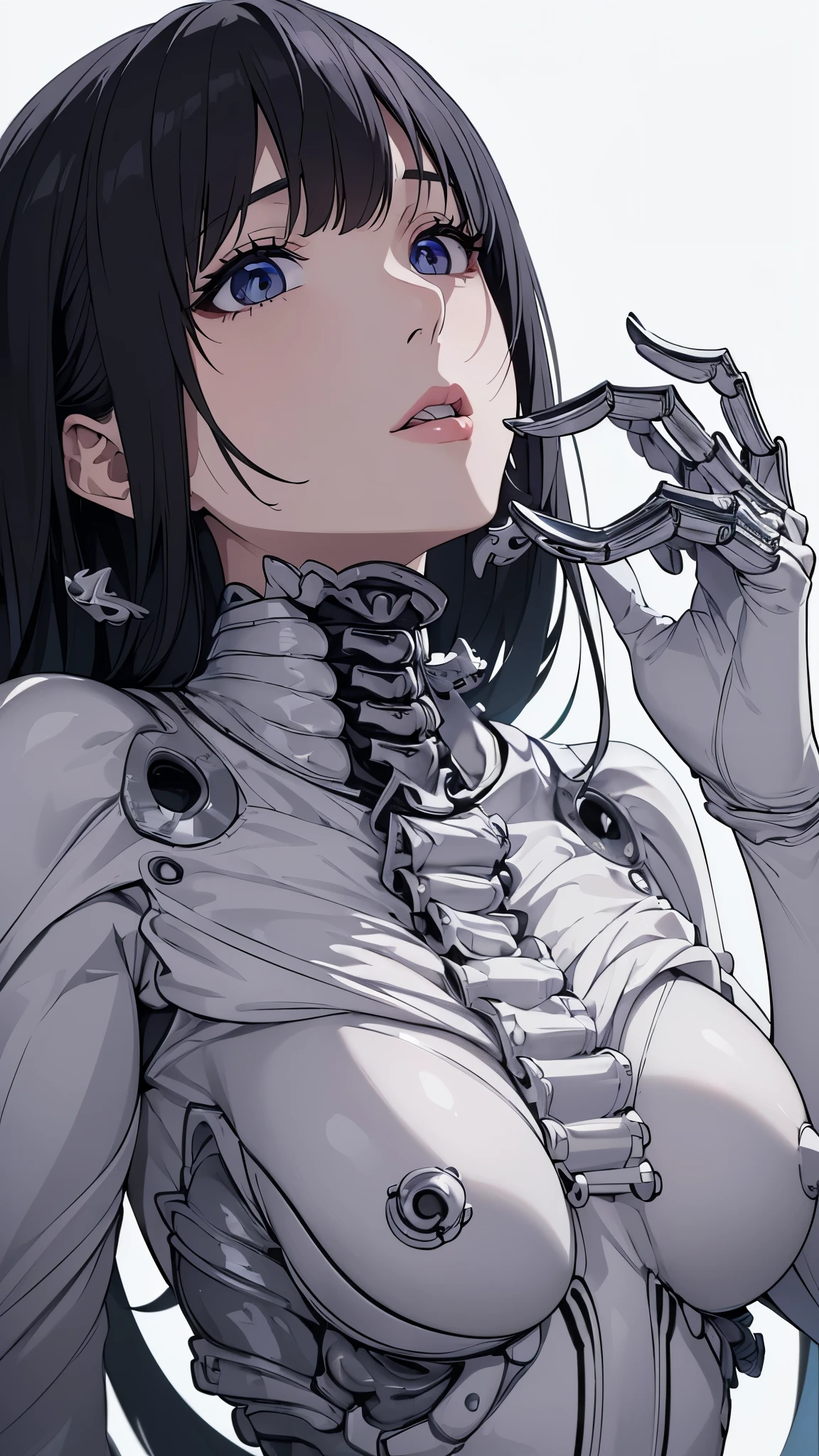 ((8K resolution))、((highest quality))、((masterpiece))、((Very detailed))((((dramatic))), (Anatomically correct)、The depth of the object to write、Looking at the camera、front、(woman、Mechanical bones格、Mechanical boneechanical Cervical Vertebra、Long and thin、Blindfold、lipstick、Spit sludge from the mouth、Bloody)、spooky、an ominous、(theme、whole body:1.1), (background:white、Black liquid)