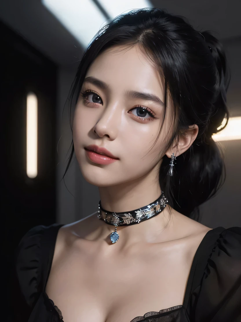 ((Masterpiece)), (Best Quality)), (Illustration), (A highly detailed), (High-quality RAW photos), HDR, (professional photograph), extremely detailed cg, super detailed CG, Unity, 8K wallpaper, Extremely detailed, amazing, delicate detail, Official Art, High quality textures, high resolution, Pretty Korean Girl, (Female_solo:1.3), (extremely beautiful face), (Beautiful eyes with very delicate:1.3),(beautiful, big, clear, eyes:1.5), (sharp, hi-end nose), (sexy lip), Intricate detail face, (pale-skin), (beautiful earrings, necklaces, Black choker:1.3), ((Luxurious mansion, living room with large window background), (The living room is decorated with luxury interiors and luxury rugs), (Light comes through the window), (blurred background), (sidelight), chandelier, Antic Properties, (bitch,Obscene:1.3), (Attractive:1.5), (Droopy Eyes), (sad look), (sad smile:1.3), (Black_Hair, long straight), (Looking at the viewer), (Standing), (from frontal:1.5), (face focus:1.5), ((portrait shots:1.5)