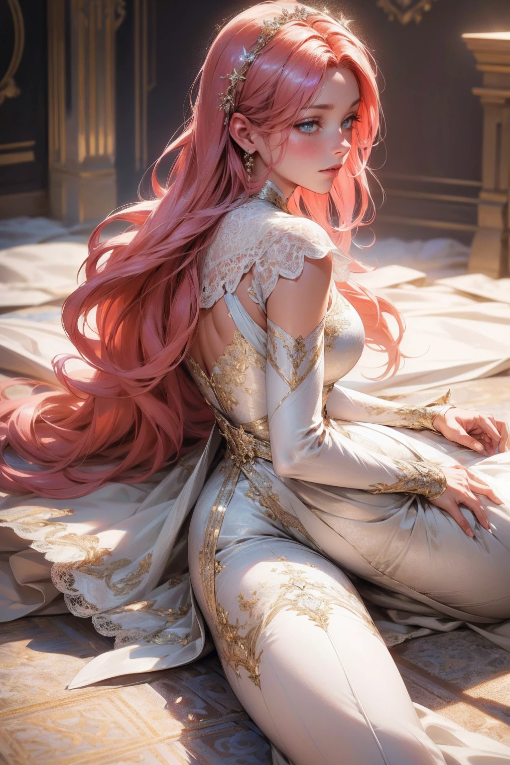 {-erro_de_anatomia:1.0}(best quality,4k,8k,highres,masterpiece:1.2), ultra-detailed, (realistic,photorealistic,photo-realistic:1.37), mature milf, illyasviel von einzbern, redhead hair, full body, vibrant colors, glowing skin, mesmerizing eyes, elegant pose, enchanting background, delicate lace dress, surreal lighting, ethereal atmosphere, mystical aura, intricate details, artistic medium, digital illustration, fantasy, anime, laying on the floor, backwards, looking back