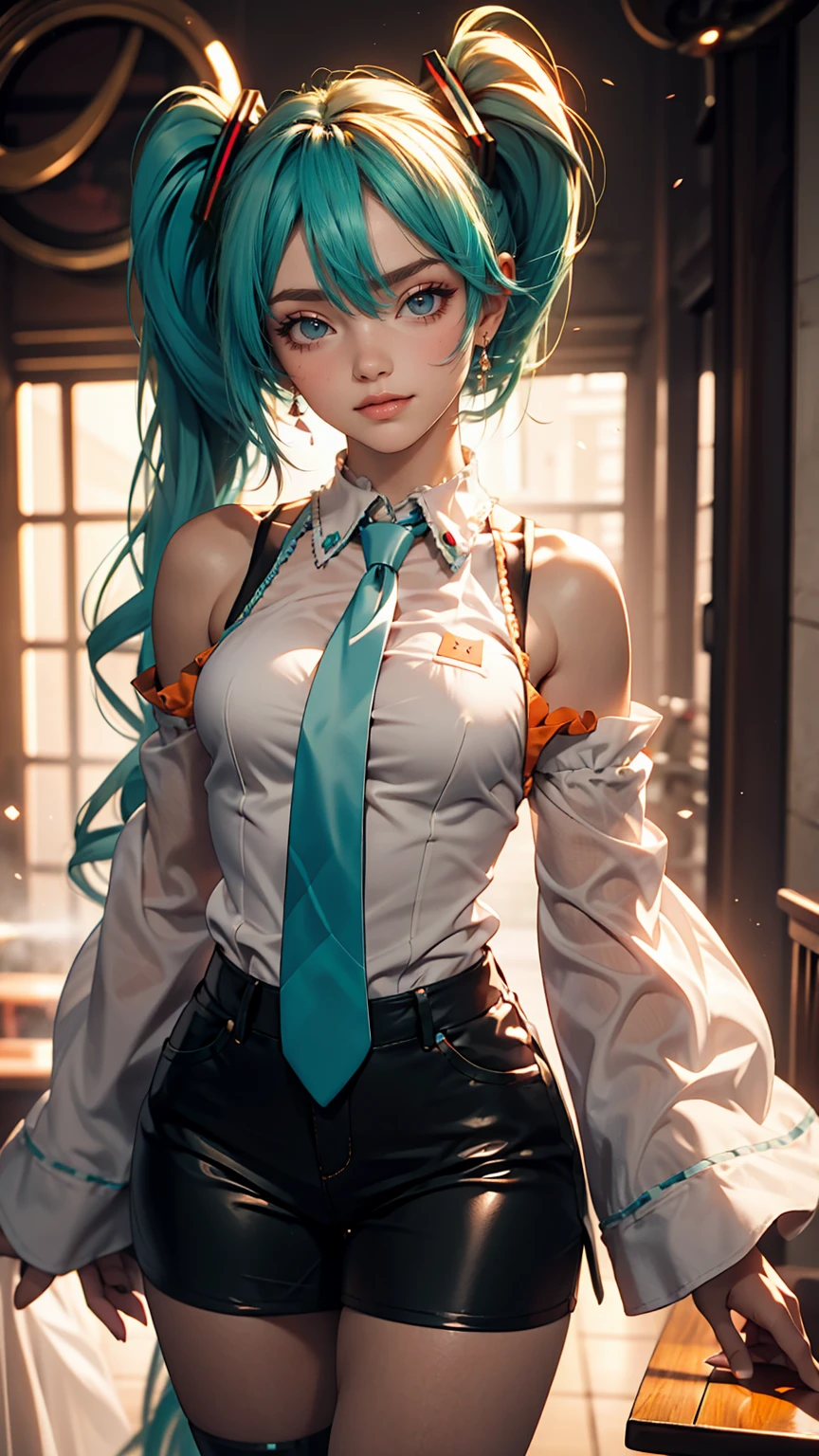 masterpiece, Hatsune Miku, White shirt, Blue tie, Exposing shoulders, The sleeves are separated, Evil Smiley Face, Dark Skin, Red eyes, Iris, Pupil orange,White woman、Sexy figure