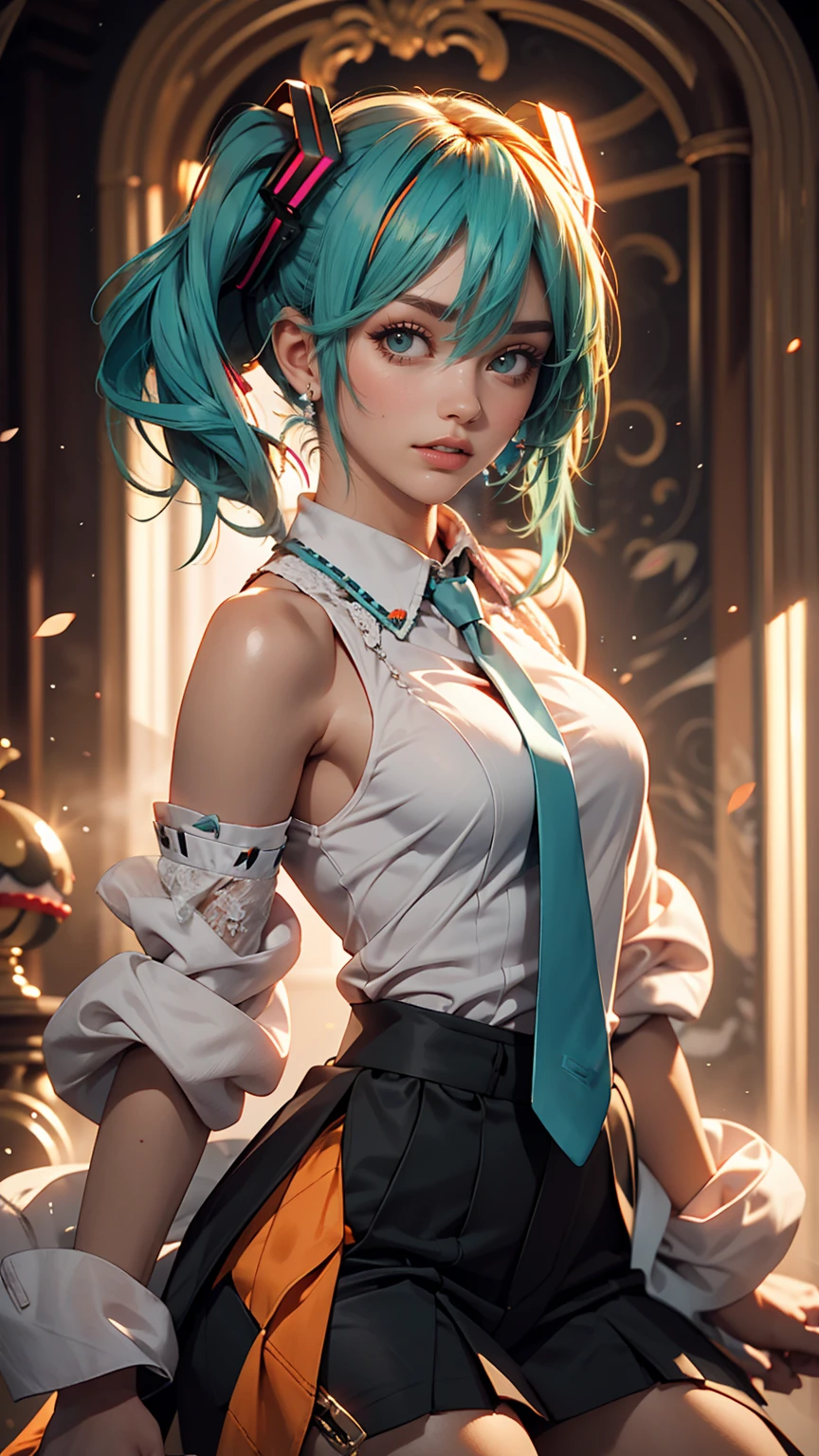 masterpiece, Hatsune Miku, White shirt, Blue tie, Exposing shoulders, The sleeves are separated, Evil Smiley Face, Dark Skin, Red eyes, Iris, Pupil orange,White woman、Sexy figure
