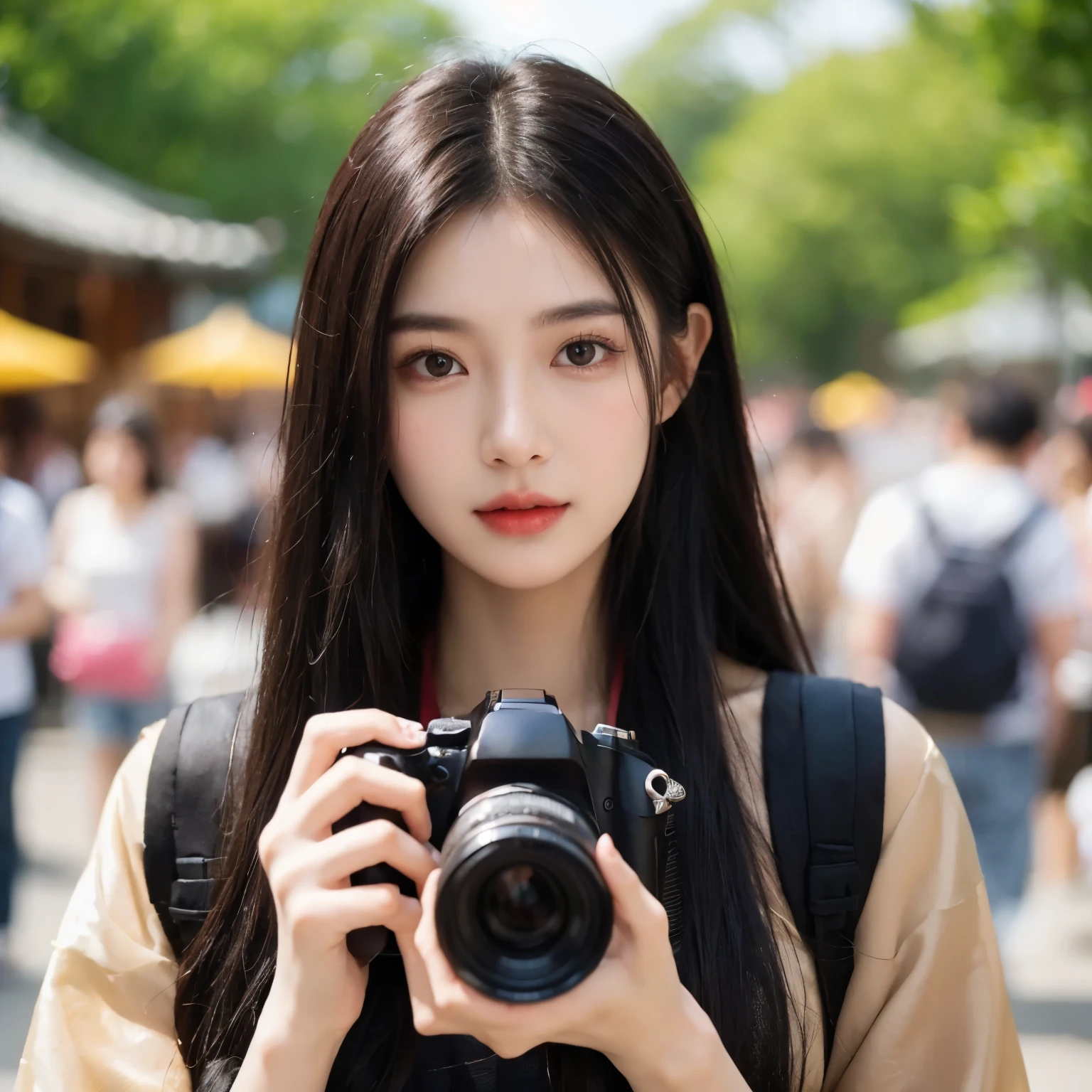 (masterpiece)), ((best quality)), (Super detailed), illustration, beautiful, artistic, actual, 8k, a young woman, 20 years old, long straight black hair, Korean style clothes, holding a camera with both hands, the camera is black, Asian woman, background in a busy park, bright atmosphere, female photographer, realistic, ultra HD, ultra detailsDelicate skin, (oily skin), Glowing and radiant skin, Delicate skin, (Chinese style,rice,low cut,silk)