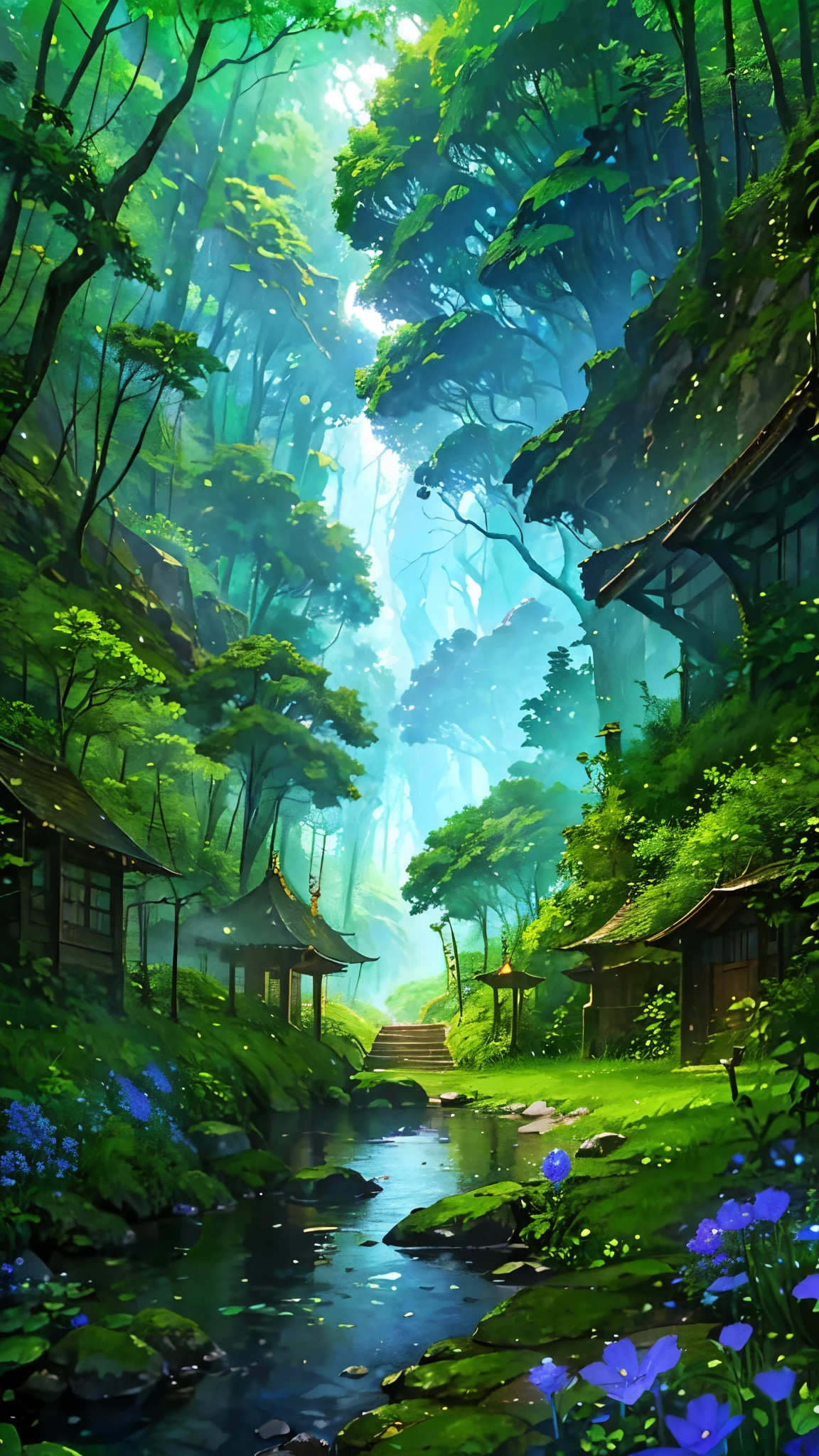 "A beautiful elven village nestled within an enchanting forest landscape. The trees are lush and green, with light filtering through the canopy, and a mystical lake at the center. A gentle stream flows through, surrounded by blooming flowers, creating a serene atmosphere."