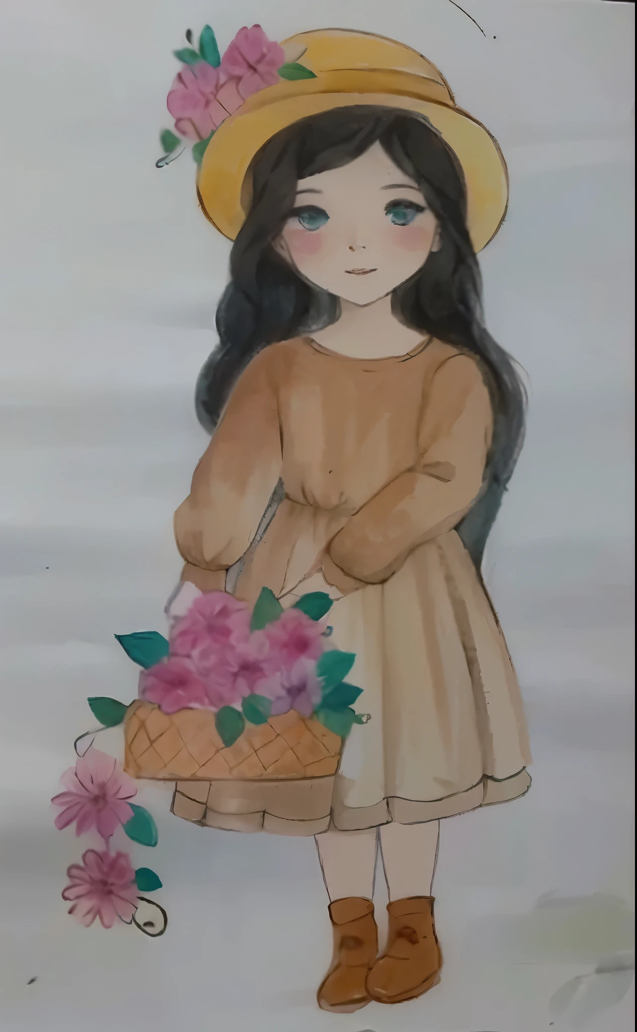 desenho de uma com uma cesta de flores, com seus cabelos negros usando chapeu, watercolored, pastel artwork, colored sketch, colorized pencil sketch