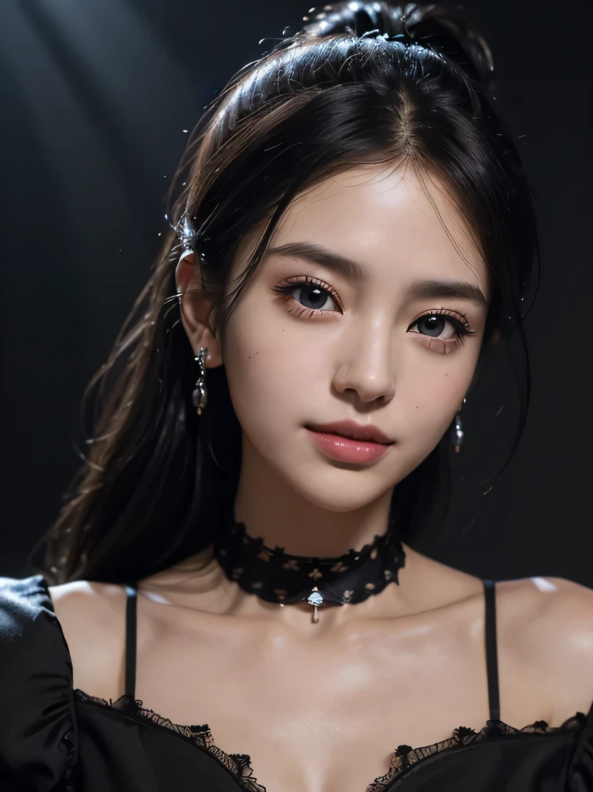 ((masterpiece、highest quality、Very detailed、High resolution、Photorealistic、Sharp focus、Cinema Lighting))、((One Woman、Cowboy Shot、Focus on the chest up、Face Light))、High contrast、Shiny black hair、Short ponytail、A light smile、Black choker、Black evening dress、Earrings、Dramatic lighting、looking up at the viewer from below