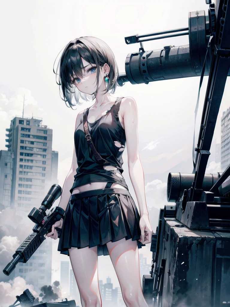 (torn clothes), tank top shirt, skirt, Anti-tank rifles, rocket launcher, Assault rifle, Beam rifle, hand gun, ruined building, absurdres, RAW photo, extremely delicate and beautiful, masterpiece, Best Quality, ultra high resolution, 32k, hyperrealistic, ultra-detailed, detailed description, pale skin, 20 years old, tearful mole, earring, short medium hair, wavy hair, whole body shot,