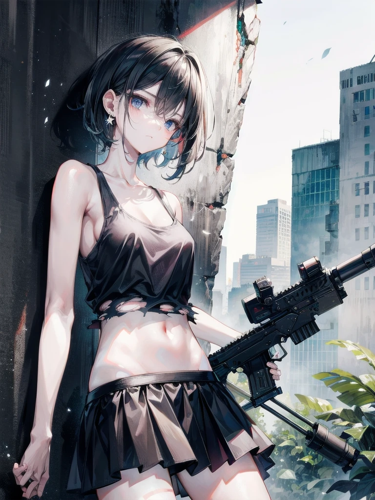 (torn clothes), tank top shirt, skirt, Anti-tank rifles, rocket launcher, Assault rifle, Beam rifle, hand gun, ruined building, absurdres, RAW photo, extremely delicate and beautiful, masterpiece, Best Quality, ultra high resolution, 32k, hyperrealistic, ultra-detailed, detailed description, pale skin, 20 years old, tearful mole, earring, short medium hair, wavy hair, whole body shot, 