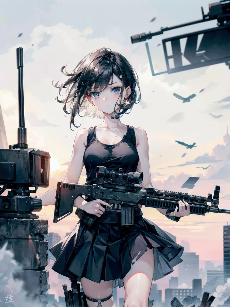 (torn clothes), tank top shirt, skirt, Anti-tank rifles, rocket launcher, Assault rifle, Beam rifle, hand gun, ruined building, absurdres, RAW photo, extremely delicate and beautiful, masterpiece, Best Quality, ultra high resolution, 32k, hyperrealistic, ultra-detailed, detailed description, pale skin, 20 years old, tearful mole, earring, short medium hair, wavy hair, whole body shot, 