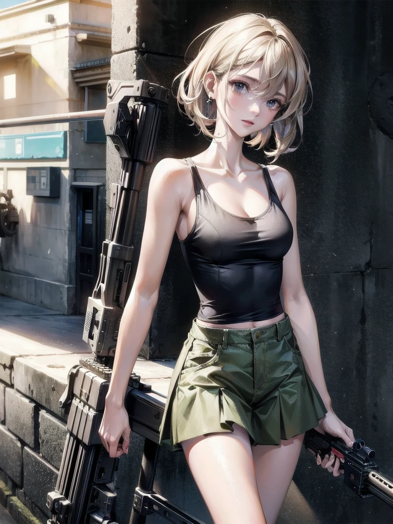 (torn clothes), tank top shirt, skirt, Anti-tank rifles, rocket launcher, Assault rifle, Beam rifle, hand gun, ruined building, absurdres, RAW photo, extremely delicate and beautiful, masterpiece, Best Quality, ultra high resolution, 32k, hyperrealistic, ultra-detailed, detailed description, pale skin, 20 years old, tearful mole, earring, short medium hair, wavy hair, whole body shot, 