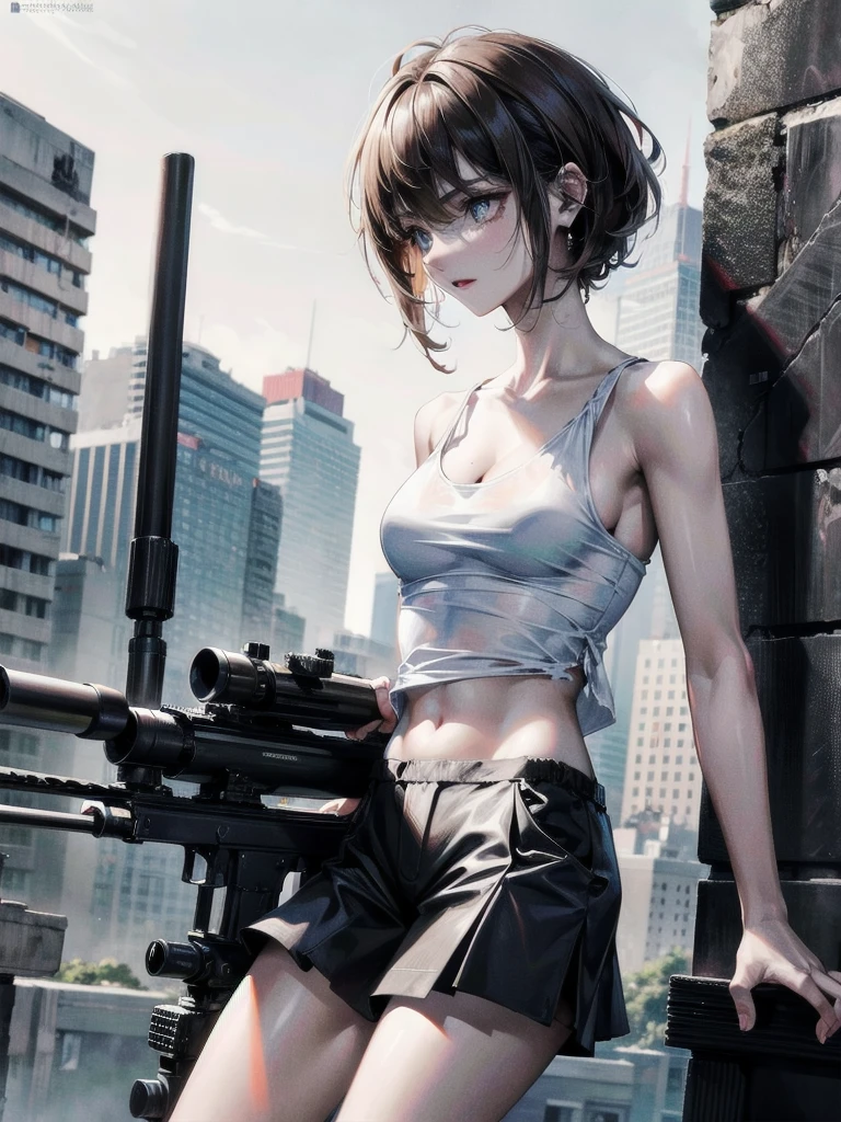 (torn clothes), tank top shirt, skirt, Anti-tank rifles, rocket launcher, Assault rifle, Beam rifle, hand gun, ruined building, absurdres, RAW photo, extremely delicate and beautiful, masterpiece, Best Quality, ultra high resolution, 32k, hyperrealistic, ultra-detailed, detailed description, pale skin, 20 years old, tearful mole, earring, short medium hair, wavy hair, whole body shot, 