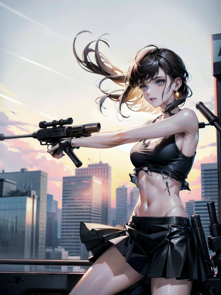 (torn clothes), tank top shirt, skirt, Anti-tank rifles, rocket launcher, Assault rifle, Beam rifle, hand gun, ruined building, absurdres, RAW photo, extremely delicate and beautiful, masterpiece, Best Quality, ultra high resolution, 32k, hyperrealistic, ultra-detailed, detailed description, pale skin, 20 years old, tearful mole, earring, short medium hair, wavy hair, whole body shot,