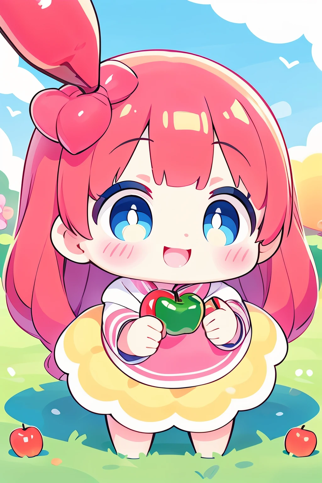 Photorealistic、Chibi Girl Doll（Apple-themed clothing、Have a magic wand、smile、Vibrant colors）