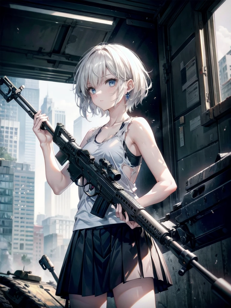 (torn clothes), tank top shirt, skirt, Anti-tank rifles, rocket launcher, Assault rifle, Beam rifle, hand gun, ruined building, absurdres, RAW photo, extremely delicate and beautiful, masterpiece, Best Quality, ultra high resolution, 32k, hyperrealistic, ultra-detailed, detailed description, pale skin, 20 years old, tearful mole, earring, short medium hair, wavy hair, whole body shot,