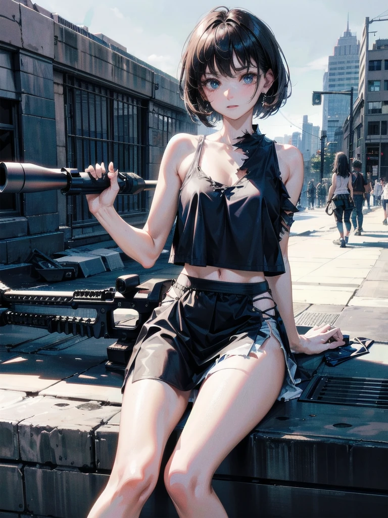 (torn clothes), tank top shirt, skirt, Anti-tank rifles, rocket launcher, Assault rifle, Beam rifle, hand gun, ruined building, absurdres, RAW photo, extremely delicate and beautiful, masterpiece, Best Quality, ultra high resolution, 32k, hyperrealistic, ultra-detailed, detailed description, pale skin, 20 years old, tearful mole, earring, short medium hair, wavy hair, whole body shot,