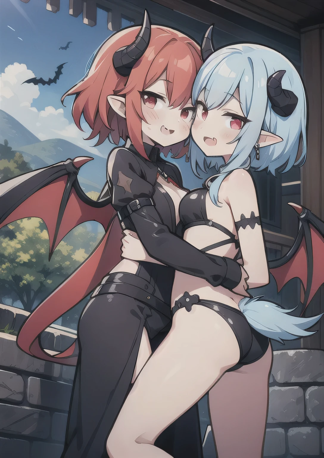 8K,  3girl, it, teeawaii vampire, crimson hair, short hair, red eyes, fang, bat wings, smile, (blush), (shy), pointed ears, looking at viewer,  dynamic angle, wind, game cg, fantastic scenery, demon tail, thin tail, black horns, medium breast, latex, kissing, sexy, dating, dungeons, summon, magic, bulge, show ass, blue hair