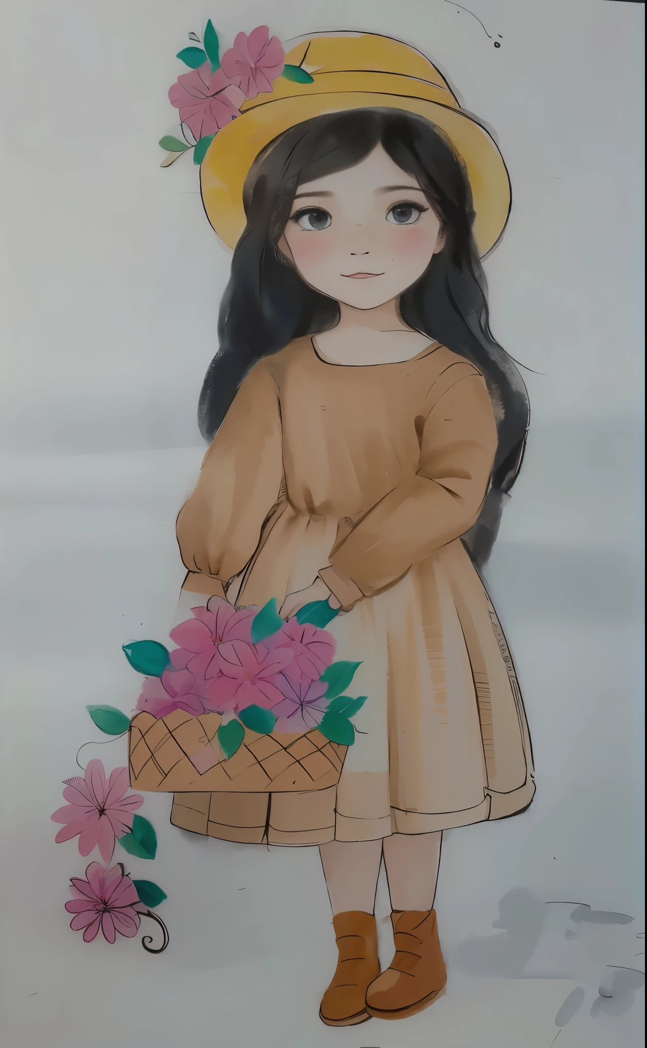 desenho de uma com uma cesta de flores, com seus cabelos negros usando chapeu, watercolored, pastel artwork, colored sketch, colorized pencil sketch
